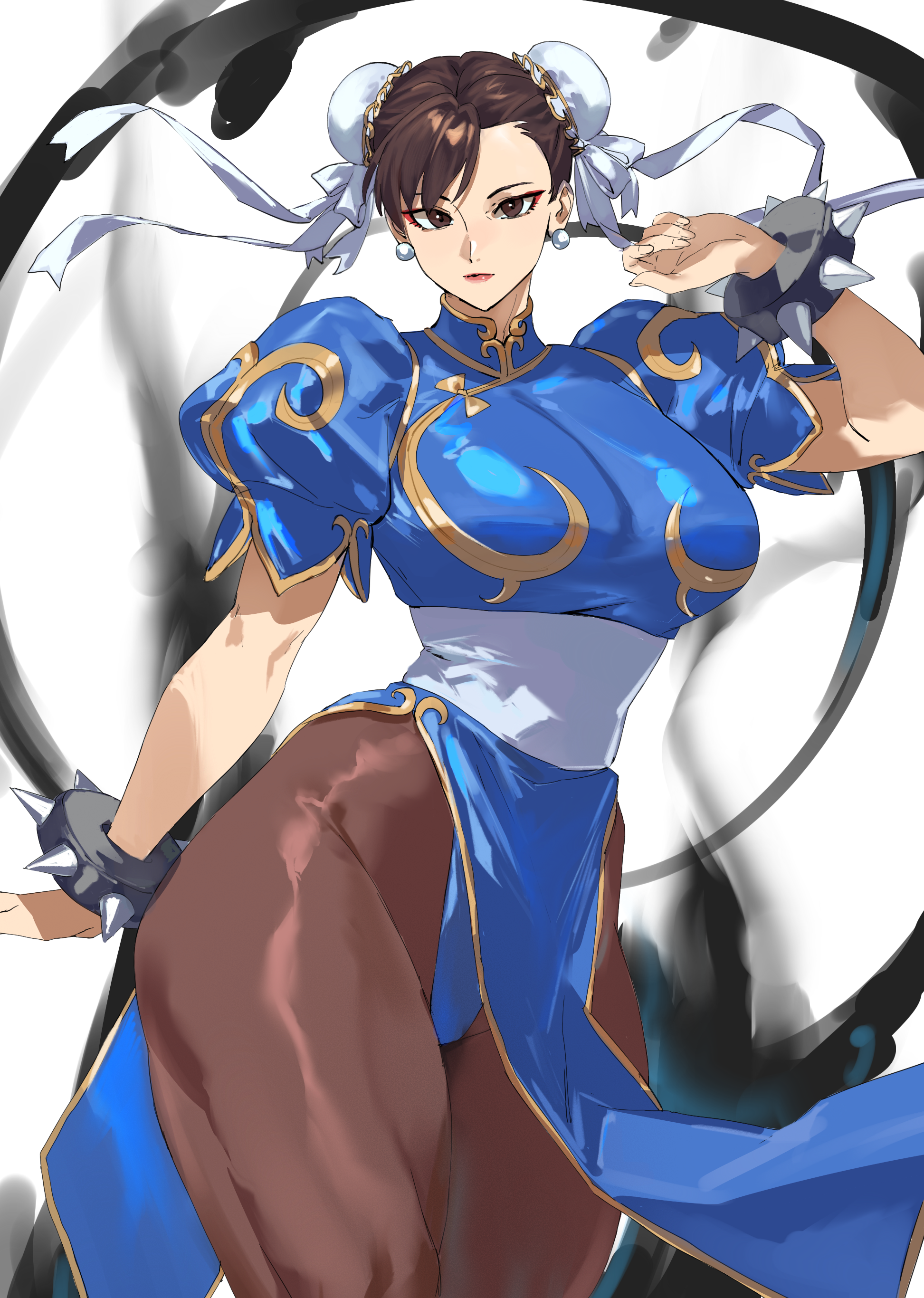 taiyang yu, chun-li, capcom, street fighter, absurdres, chinese commentary, commentary, highres, 1girl, blue dress, bracelet, breasts, brown eyes, brown hair, bun cover, china dress, chinese clothes, double bun, dress, earrings, eyeliner, gold trim, hair bun, jewelry, large breasts, makeup, pantyhose, pelvic curtain, puffy short sleeves, puffy sleeves, short sleeves, solo, spiked bracelet, spikes, thick thighs, thighs