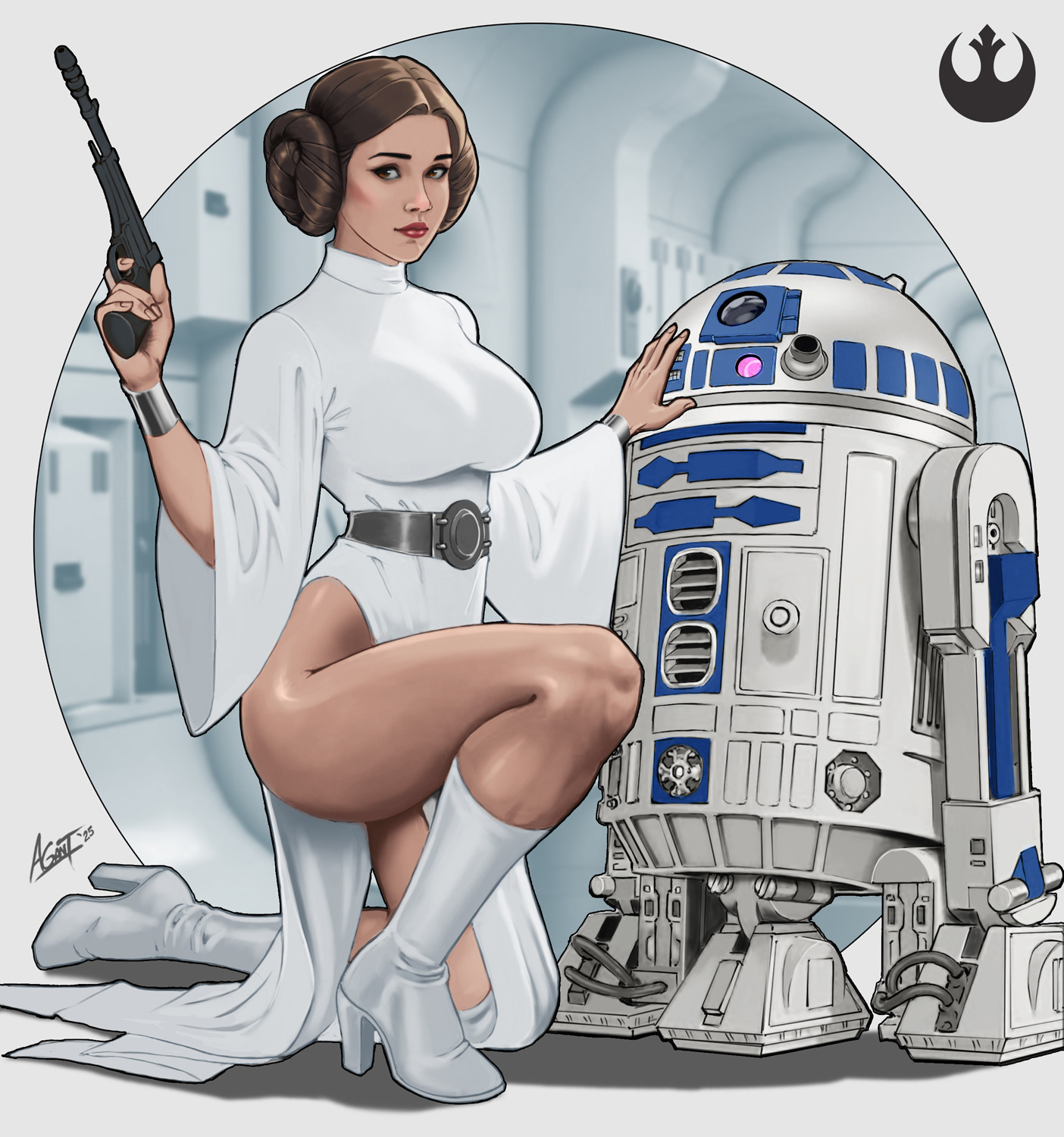 astromech droid, princess leia, r2-d2, star wars, star wars: a new hope, commentary, english commentary, highres, 1girl, anwar gant, boots, breasts, brown eyes, brown hair, double bun, dress, gun, hair bun, high heel boots, high heels, hip bones, holding, holding gun, holding weapon, large breasts, looking at viewer, on one knee, robot, side slit, signature, weapon, white boots, white dress