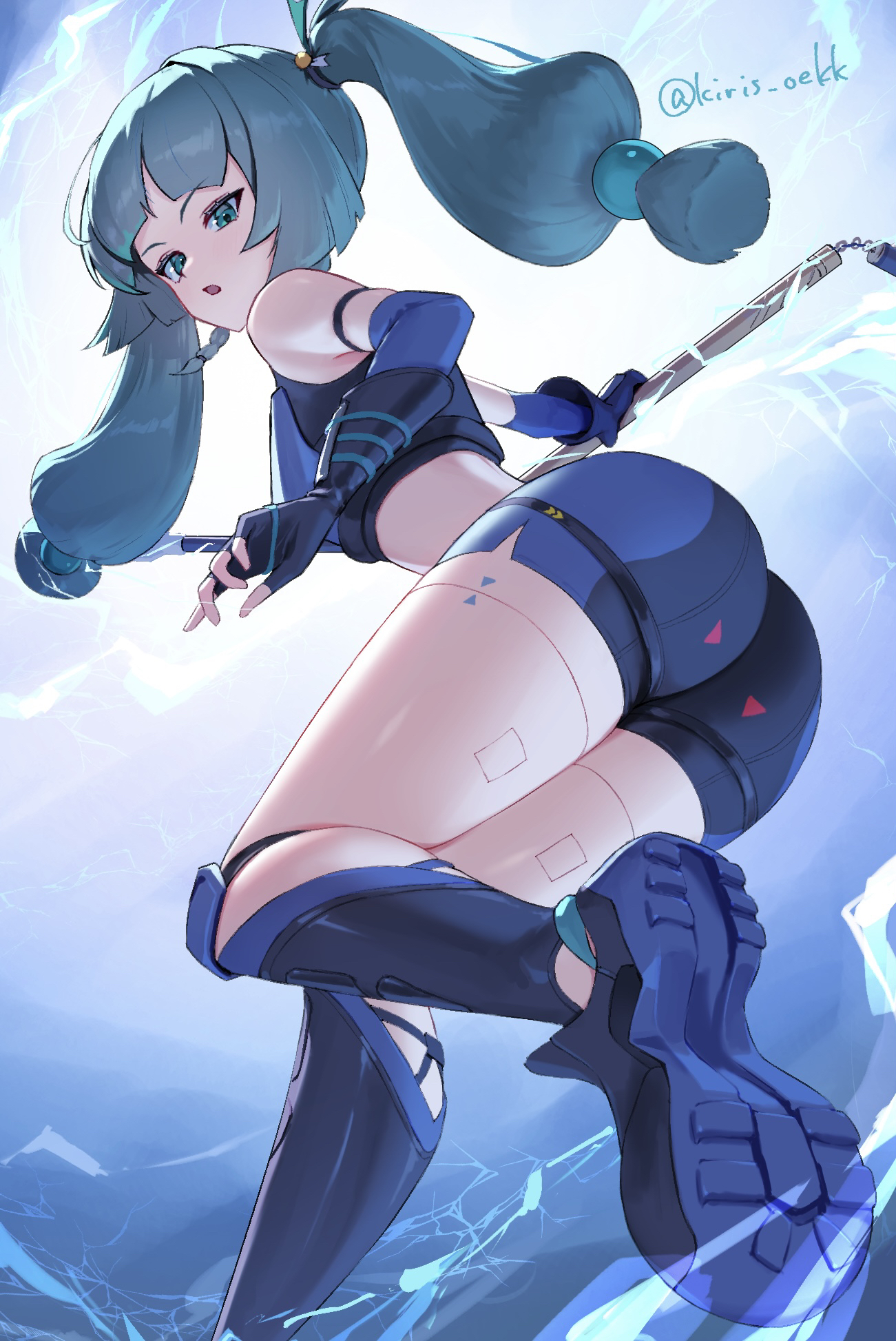 aimo wotku, qingyi (zenless zone zero), zenless zone zero, commentary request, highres, 1girl, aqua eyes, aqua hair, artist name, ass, bare shoulders, blue background, blue boots, blue gloves, blue shorts, boots, crop top, elbow gloves, foot out of frame, gloves, holding, holding weapon, long hair, midriff, open mouth, short shorts, shorts, sleeveless, solo, twintails, weapon