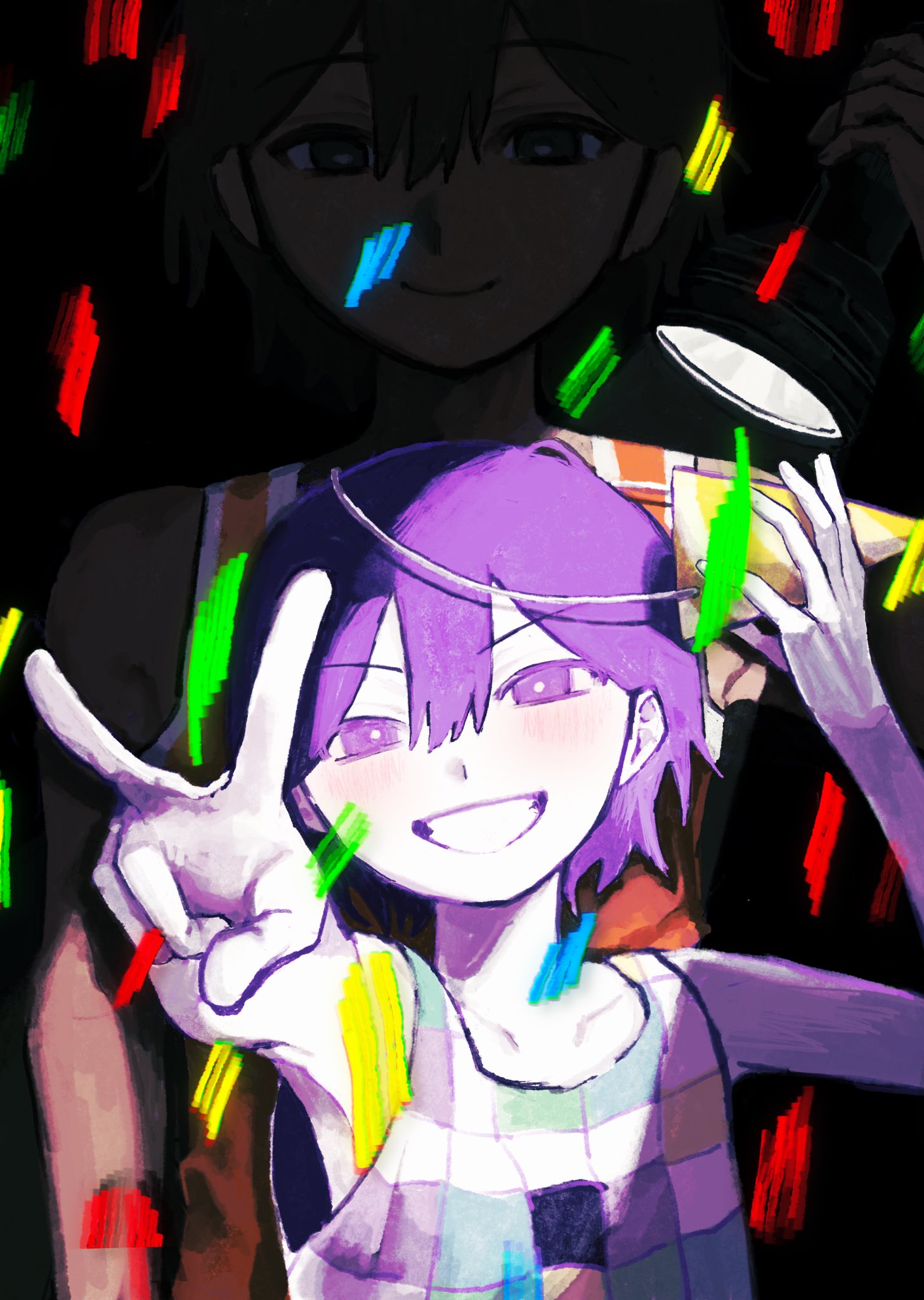 kel (faraway) (omori), kel (headspace) (omori), kel (omori), omori, commentary, english commentary, highres, 2boys, :d, arm up, bare arms, bare shoulders, behind another, black background, black eyes, black hair, blush, bright pupils, checkered clothes, checkered shirt, closed mouth, collarbone, colored skin, confetti, dark-skinned male, dark skin, double-parted bangs, dual persona, foreshortening, grin, hair behind ear, hair between eyes, happy birthday, hat, looking at viewer, madai (si 202), male focus, multiple boys, open mouth, orange tank top, party hat, purple eyes, purple hair, shirt, short hair, simple background, sleeveless, sleeveless shirt, smile, straight-on, striped hat, tank top, upper body, v, white pupils, white skin, yellow hat