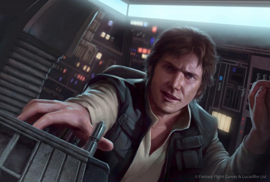 han solo, star wars, 1boy, black vest, brown eyes, brown hair, open clothes, open vest, realistic, shirt, short hair, solo, spacecraft interior, tony foti, vest, white shirt