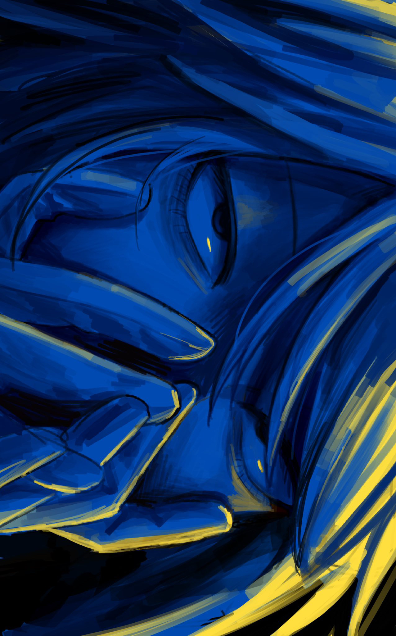 nil (pixiv 53614557), randal ivory, randal's friends, commentary request, highres, 1boy, black background, blue theme, close-up, covering own mouth, gloves, looking at viewer, male focus, solo