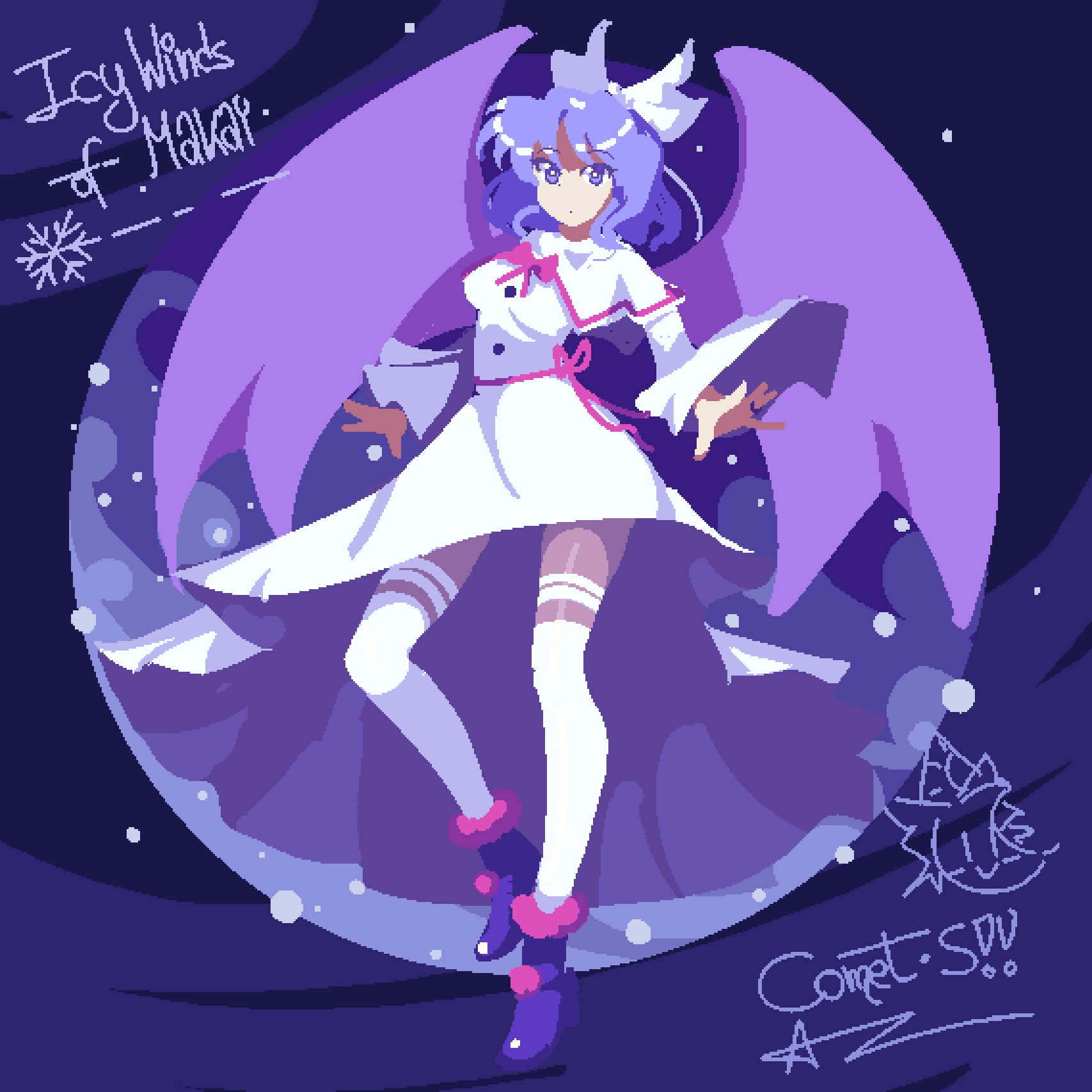 comet summoner98, mai (touhou), touhou, touhou (pc-98), highres, 1girl, artist name, blue eyes, blue hair, blue shorts, bow, closed mouth, dot mouth, dress, hair bow, hair ribbon, long hair, pantyhose, pixel art, ribbon, short hair, shorts, snow, snowing, solo, white dress, white pantyhose, white ribbon, white wings, wings