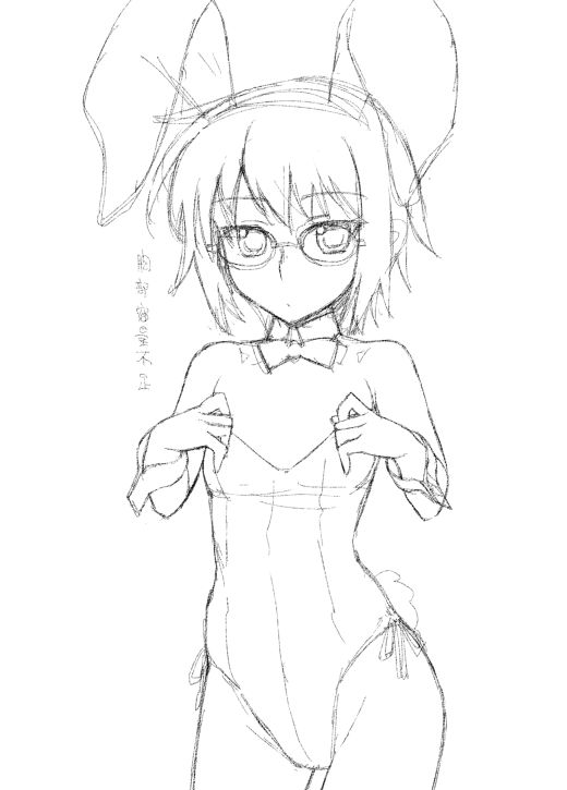 tomomimi shimon, nagato yuki, suzumiya haruhi no yuuutsu, 00s, animal ears, fake animal ears, glasses, greyscale, monochrome, playboy bunny, rabbit ears, solo