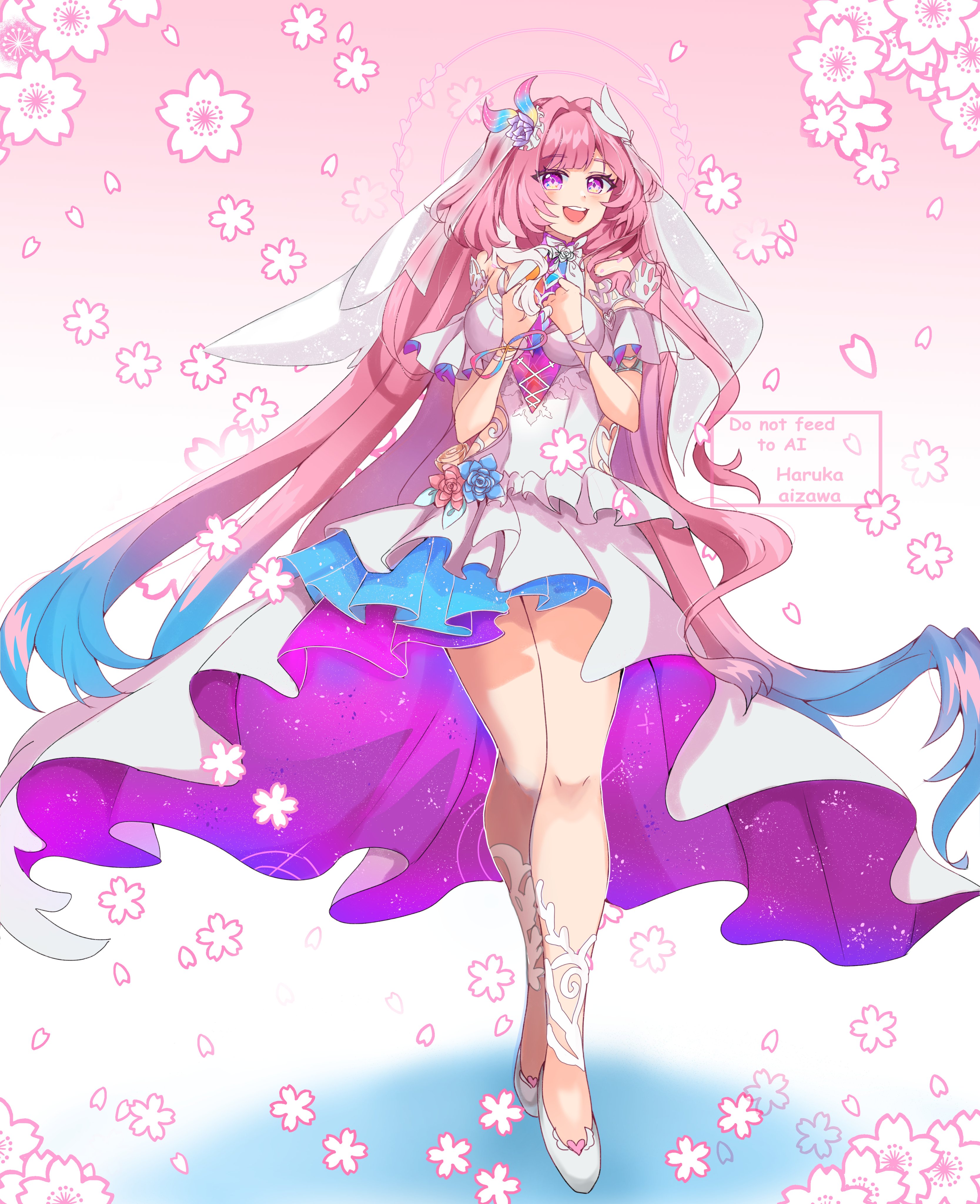 cyrene (honkai: star rail), cyrene (ripples of past reverie) (honkai: star rail), honkai: star rail, honkai (series), absurdres, commentary, english commentary, highres, 1girl, aqua hair, breasts, bridal veil, diamond-shaped pupils, diamond (shape), dress, floral background, flower, gradient hair, hair flower, hair ornament, harukaaizawa, high heels, large breasts, long hair, multicolored hair, open mouth, pink hair, purple eyes, smile, solo, symbol-shaped pupils, thighs, veil, very long hair, white dress, white hair