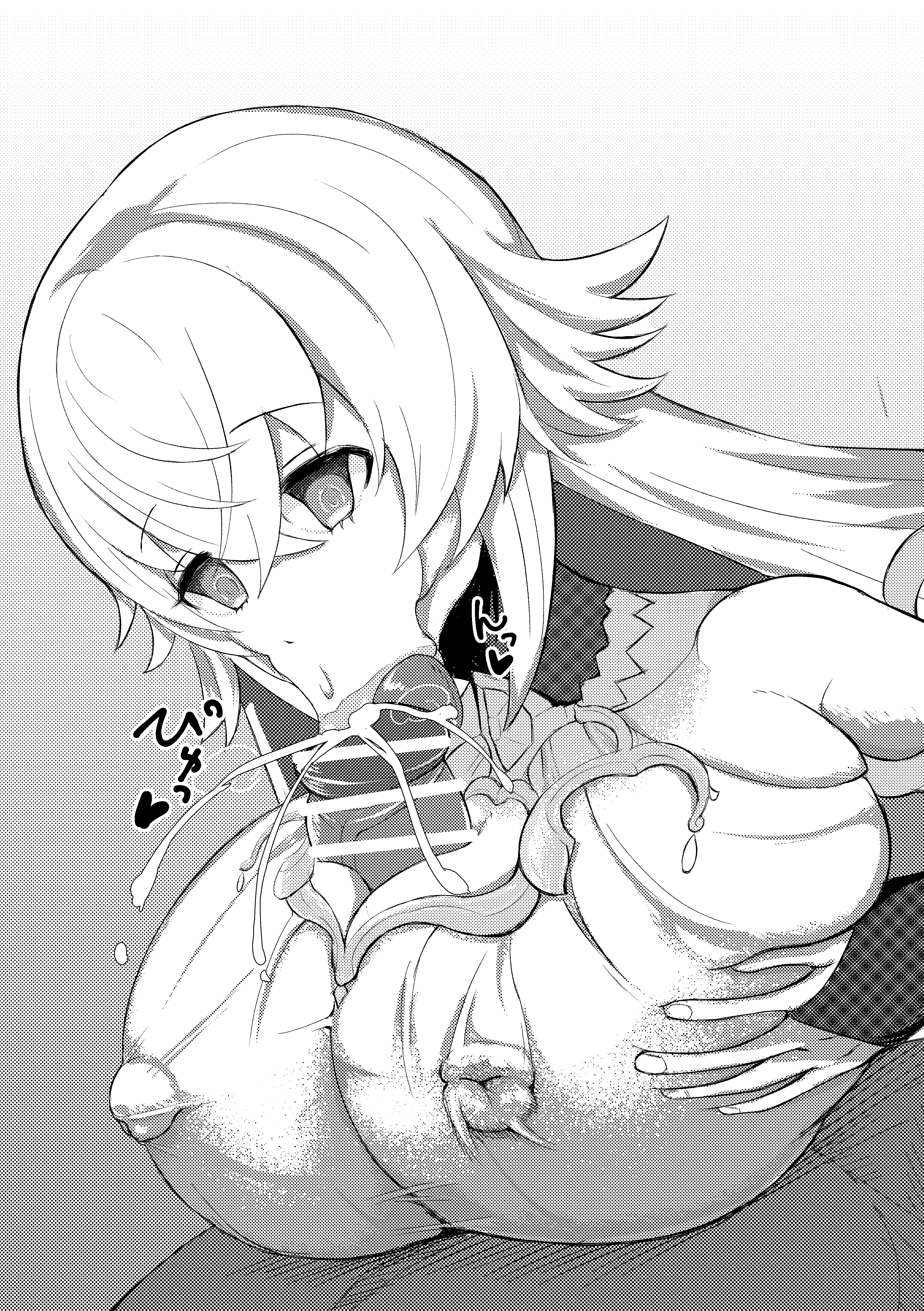 magic mirror (grimms notes), grimms notes, artist request, bad id, bad pixiv id, 1boy, 1girl, :>=, breasts, bridal gauntlets, censored, covered erect nipples, empty eyes, fingernails, greyscale, hetero, huge breasts, long hair, monochrome, paizuri, penis, upper body, very long hair