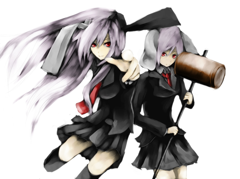 kanata (kiduka), reisen, reisen udongein inaba, touhou, bad id, bad pixiv id, 2girls, animal ears, blazer, female focus, hammer, jacket, multiple girls, rabbit ears, standing, thighhighs, white background