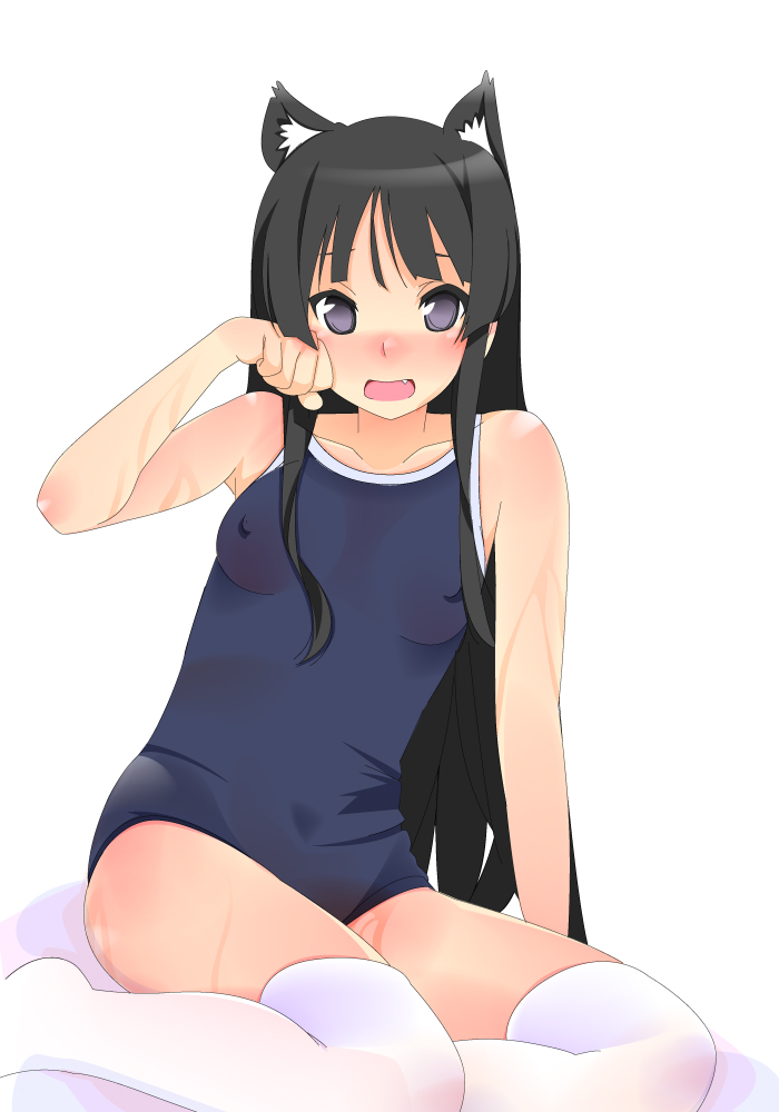 kazuha nanako, nanako (artist), akiyama mio, k-on!, 00s, 1girl, animal ears, blunt bangs, blush, breasts, cat ears, cat girl, competition school swimsuit, covered erect nipples, fang, female focus, hime cut, one-piece swimsuit, paw pose, school swimsuit, small breasts, solo, swimsuit, thighhighs, white background