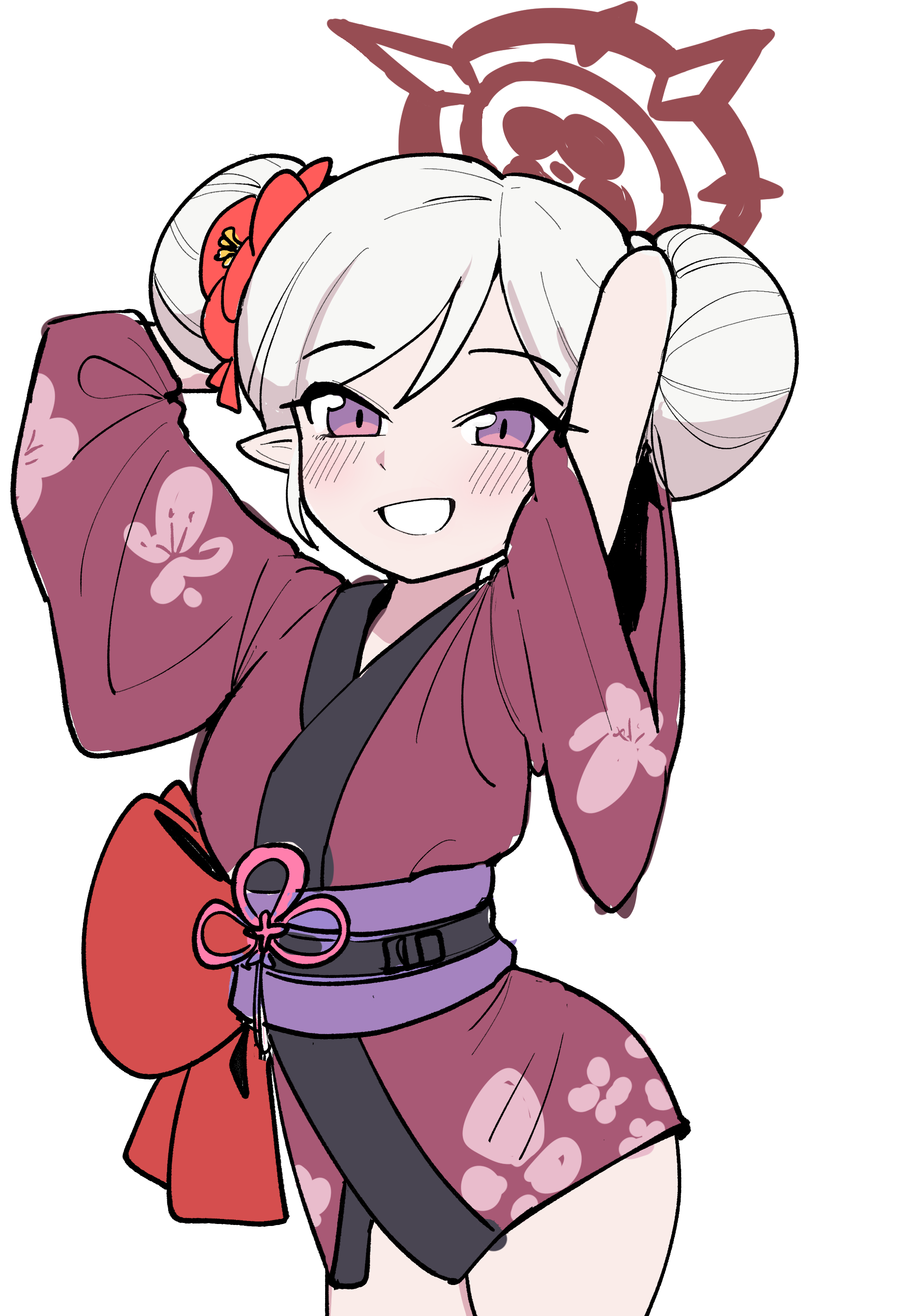 mago cats, mutsuki (blue archive), blue archive, absurdres, highres, 1girl, arms behind head, blush, cowboy shot, double bun, grey hair, grin, hair bun, halo, japanese clothes, kimono, looking at viewer, obi, pointy ears, purple eyes, red halo, red kimono, sash, simple background, smile, solo, white background, wide sleeves