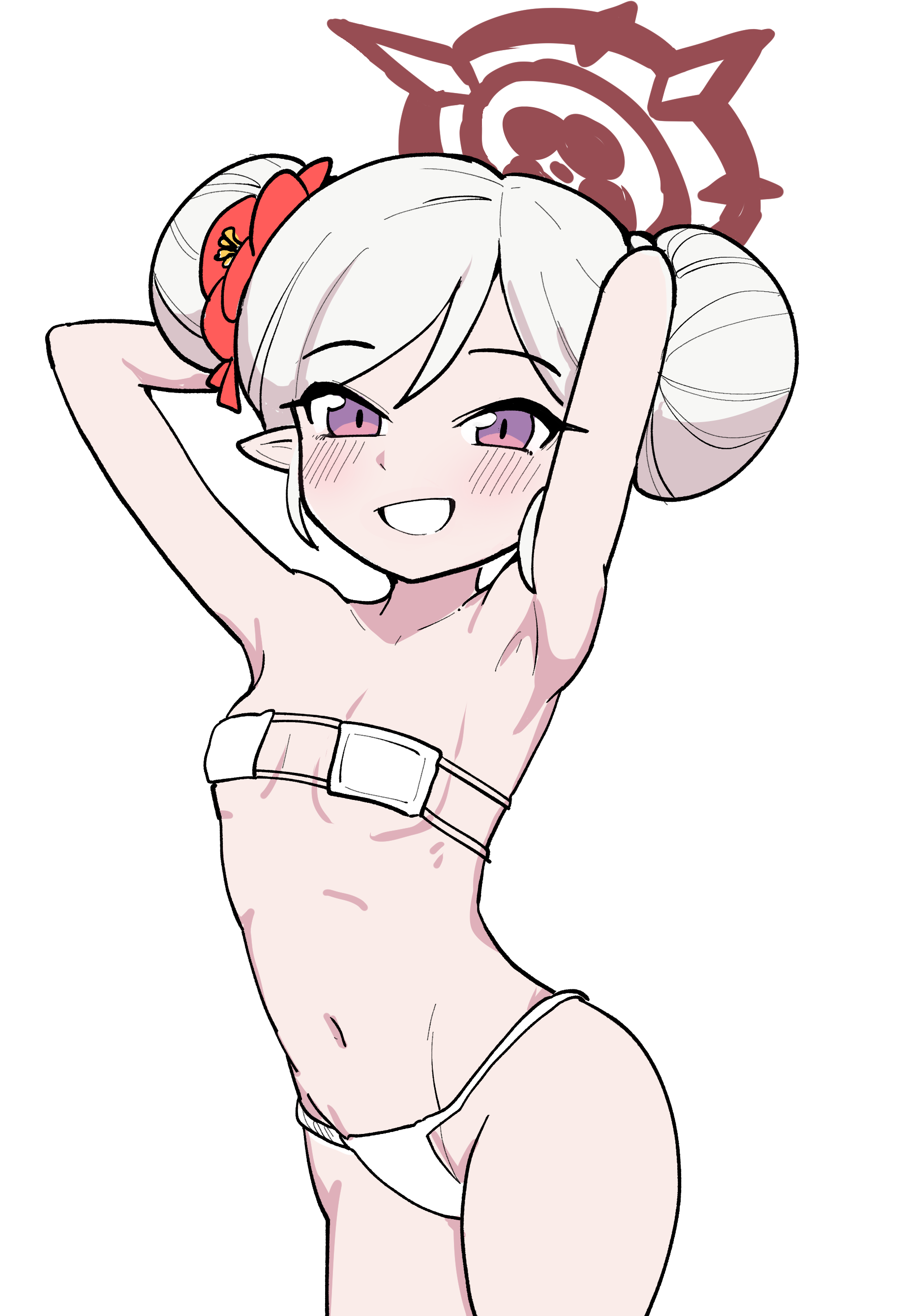 mago cats, mutsuki (blue archive), blue archive, absurdres, highres, 1girl, armpits, arms behind head, bikini, blush, breasts, cowboy shot, double bun, eyepatch bikini, grey hair, grin, hair bun, halo, looking at viewer, navel, pointy ears, purple eyes, red halo, simple background, small breasts, smile, solo, stomach, swimsuit, white background, white bikini