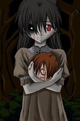 lowres, 1girl, black hair, blood, blood on face, brown hair, child, colored skin, constricted pupils, creepy, dress, eye socket, female focus, forest, grey skin, guro, holding, horror (theme), long hair, looking at viewer, nature, night, pale skin, red eyes, severed head, short hair, slit pupils, smile, solo, tree, yellow eyes, zombie