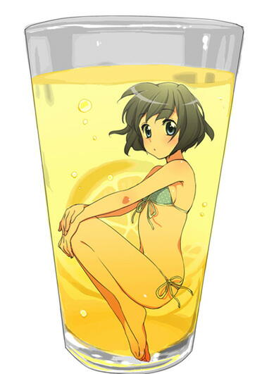 sato99, sato (99yen kin'itsu), original, jpeg artifacts, 1girl, barefoot, bikini, black hair, cup, drink, female focus, front-tie top, glass, in container, in cup, lemonade, looking at viewer, mini person, minigirl, short hair, side-tie bikini bottom, simple background, solo, string bikini, swimsuit, underwater, white background