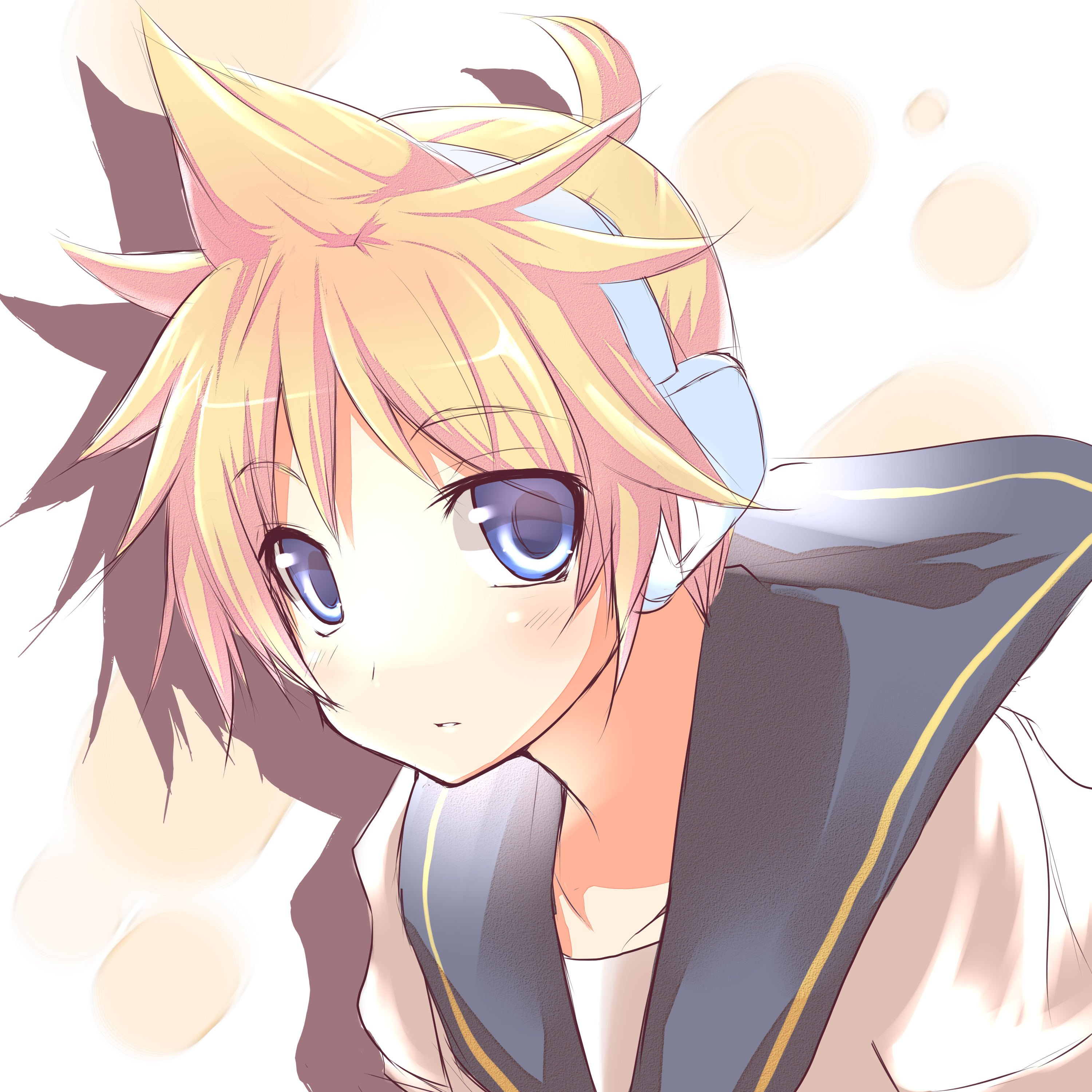 hiraga matsuri, hirasato, kagamine len, vocaloid, absurdres, highres, 1boy, blonde hair, blue eyes, headphones, male focus, ponytail, short hair, solo