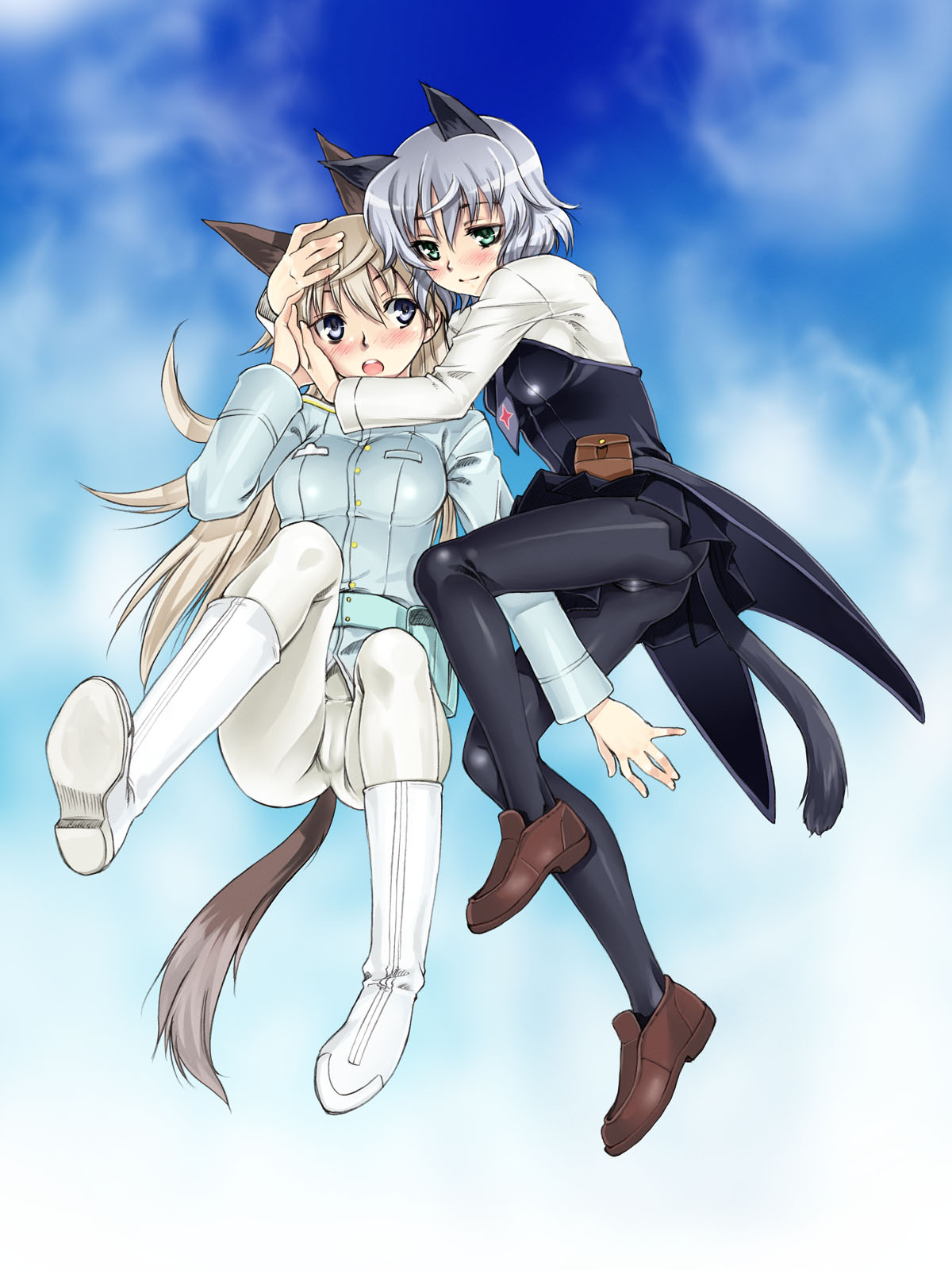 satou atsuki, eila ilmatar juutilainen, sanya v. litvyak, strike witches, world witches series, highres, 00s, 2girls, animal ears, ass, black pantyhose, blush, brown hair, crotch seam, legs, long hair, multiple girls, open mouth, pantyhose, short hair, striker unit, tail, white pantyhose, yuri