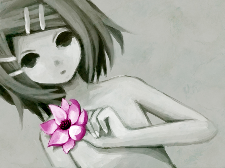 hakunetsutou, kagamine rin, vocaloid, bad id, bad pixiv id, flat chest, flower, hair ornament, hair ribbon, hairclip, lotus, monochrome, nude, ribbon, short hair, solo, spot color