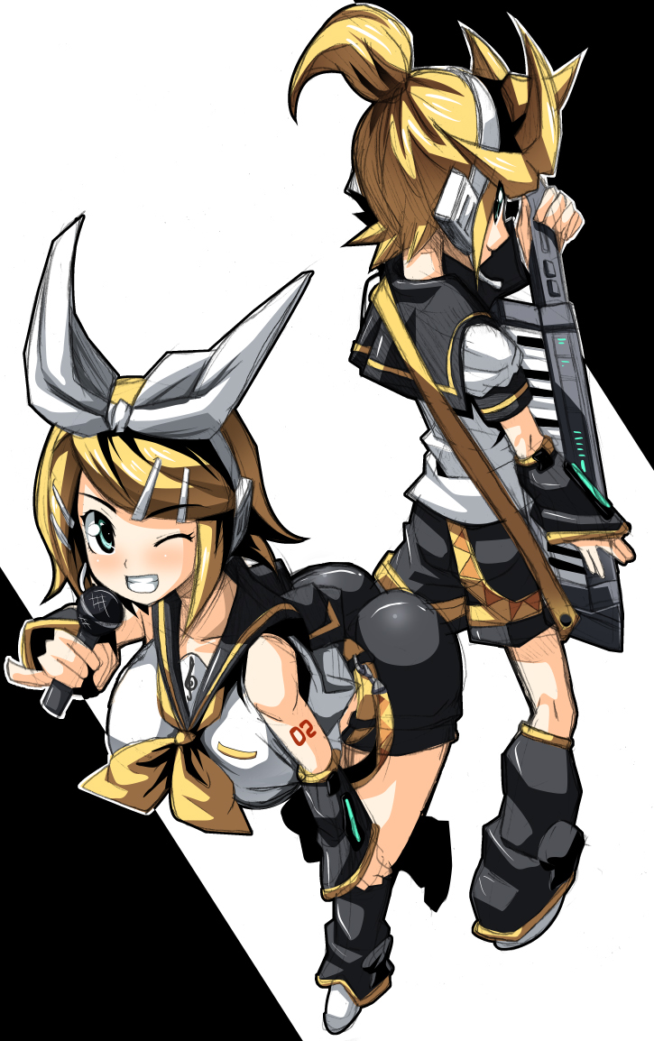 kloah, kagamine len, kagamine rin, vocaloid, 1boy, 1girl, aged up, alternate breast size (larger), ass, bent over, blonde hair, blue eyes, breasts, brother and sister, grin, hair ornament, hair ribbon, hairclip, headphones, instrument, keyboard, keytar, large breasts, leaning, leaning forward, microphone, one eye closed, pinky out, ponytail, ribbon, sailor collar, short hair, siblings, sketch, smile, twins, wink