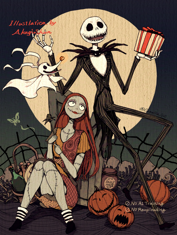 akagi shun, jack skellington, sally (nbc), zero (nbc), the nightmare before christmas, 1girl, 2boys, diamond hairband, formal clothes, jacket, long hair, long sleeves, looking at viewer, male focus, multiple boys, open mouth, patchwork clothes, pinstripe pattern, pinstripe suit, pumpkin, skeleton, skeleton print, smile, stitches, striped clothes, striped vest, suit, vertical-striped clothes, vertical-striped vest, vest