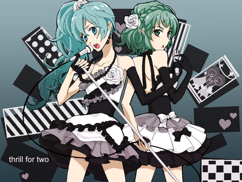meka00, gumi, hatsune miku, thrill for two (vocaloid), vocaloid, 2girls, alternate hairstyle, aqua eyes, aqua hair, back-to-back, dress, elbow gloves, flower, gloves, green eyes, green hair, long hair, microphone, microphone stand, multiple girls, ponytail, rose, short dress