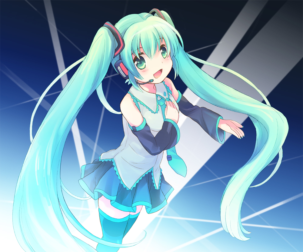 tachitsu teto, hatsune miku, vocaloid, millipen (medium), mixed media, pen (medium), traditional media, 1girl, aqua eyes, aqua hair, aqua nails, bare shoulders, detached sleeves, female focus, headphones, headset, long hair, music, nail polish, necktie, singing, skirt, smile, solo, thighhighs, twintails, zettai ryouiki