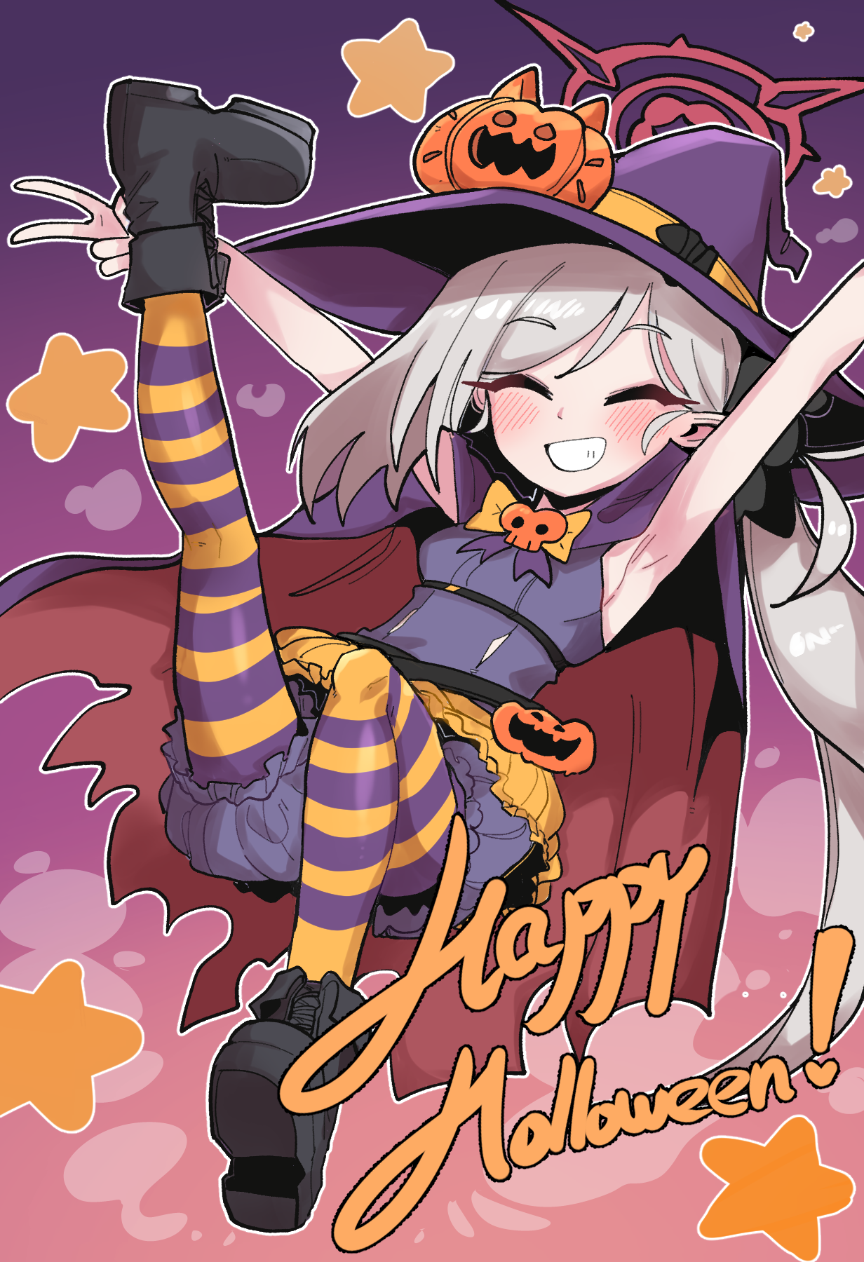 mago cats, mutsuki (blue archive), blue archive, highres, 1girl, armpits, black boots, bloomers, blue bloomers, blush, boots, cape, closed eyes, full body, grey hair, grin, halo, happy halloween, hat, leg up, long hair, pantyhose, purple hat, red halo, smile, solo, striped clothes, striped pantyhose, underwear, v, witch hat
