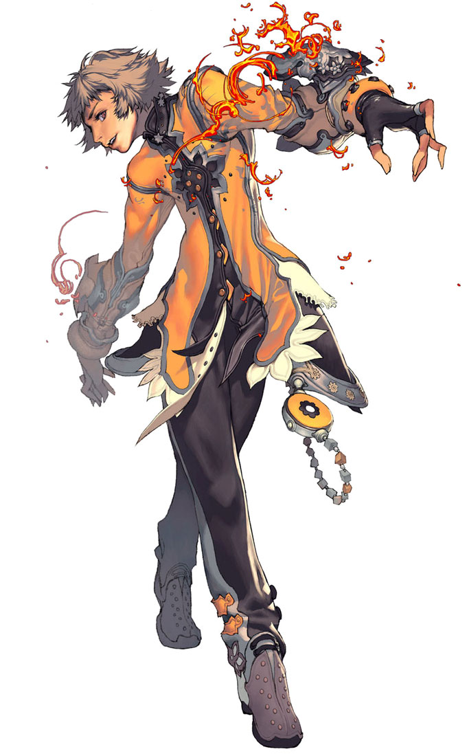 kim hyung tae, crocell reedan, magna carta, magna carta 2, official art, 1boy, :d, crossed legs, fingerless gloves, fire, gloves, grey hair, leaning, male focus, messy hair, open mouth, red eyes, short hair, simple background, smile, solo, standing, watson cross