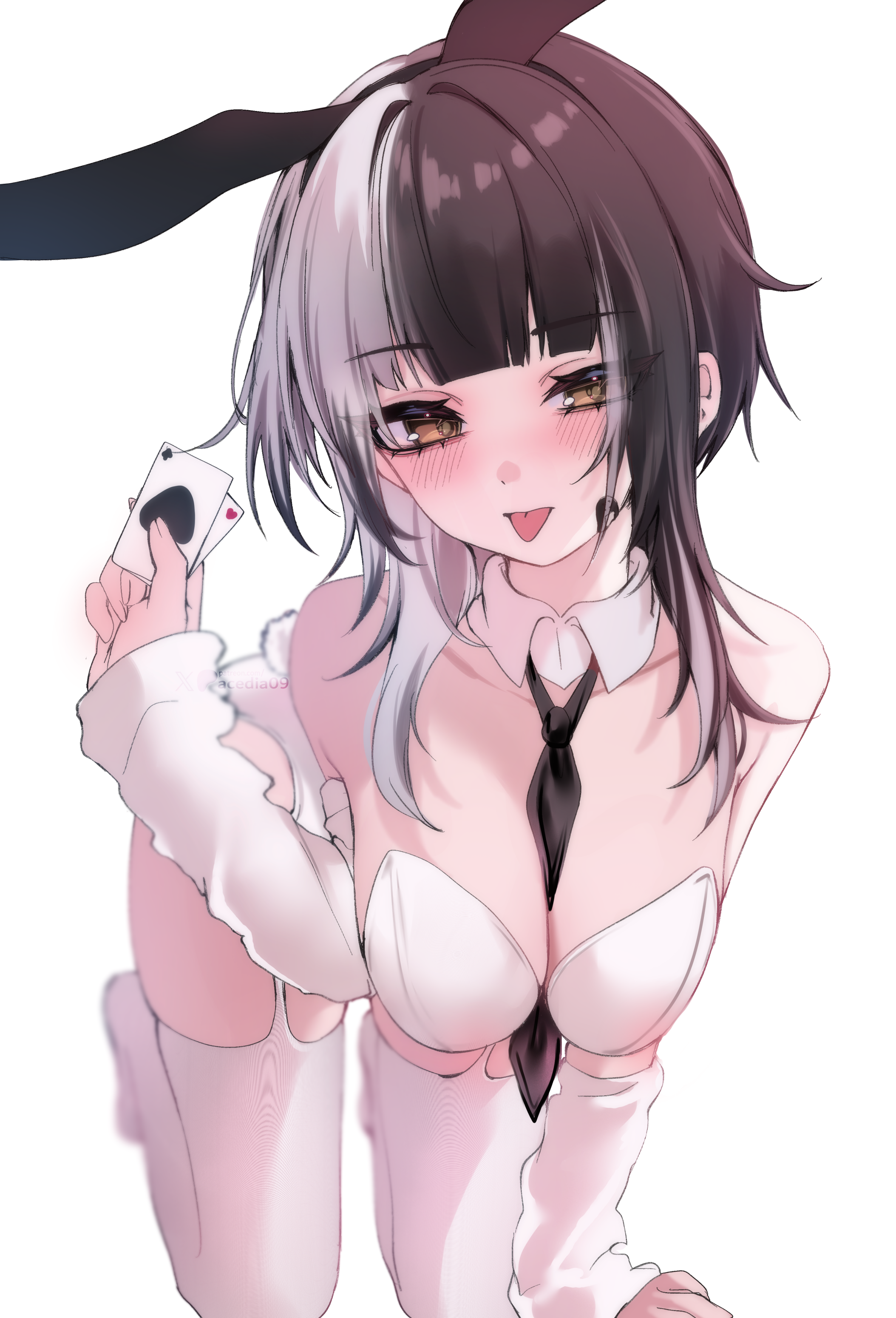 acedia, shiori novella, hololive, hololive english, absurdres, commentary, english commentary, highres, 1girl, aegyo sal, animal ears, artist name, bandaid, bandaid on cheek, bandaid on face, bare shoulders, bent over, between breasts, black necktie, blush, breasts, card, collarbone, detached sleeves, garter straps, heart, holding, holding card, kneeling, large breasts, leotard, long hair, long sleeves, looking at viewer, multicolored hair, necktie, necktie between breasts, playboy bunny, rabbit ears, simple background, solo, spade (shape), split-color hair, thighhighs, thighs, tongue, tongue out, two-tone hair, virtual youtuber, white background, white garter straps, white hair, white leotard, white sleeves, white thighhighs, yellow eyes