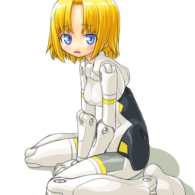 dd (ijigendd), arnval, busou shinki, bad id, bad pixiv id, 10s, 1girl, blonde hair, blue eyes, breasts, doll joints, female focus, joints, short hair, sitting, solo, wariza, white background