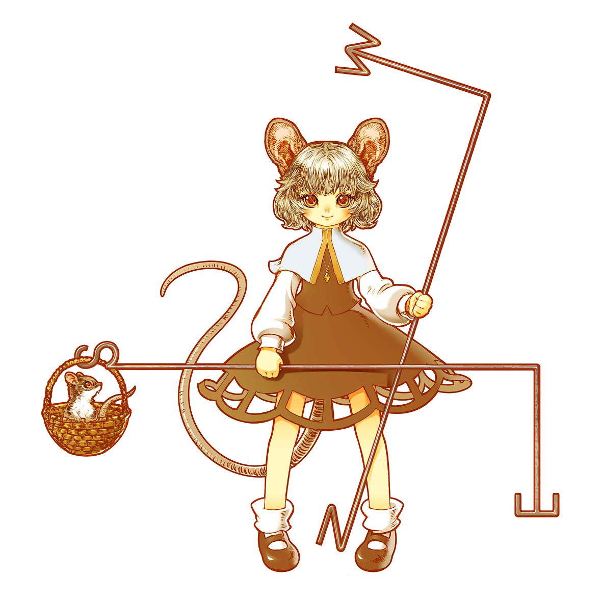 souri, nazrin, touhou, bad id, bad pixiv id, 1girl, animal ears, basket, female focus, grey hair, jewelry, mouse (animal), mouse ears, mouse tail, pendant, red eyes, short hair, simple background, solo, tail, white background