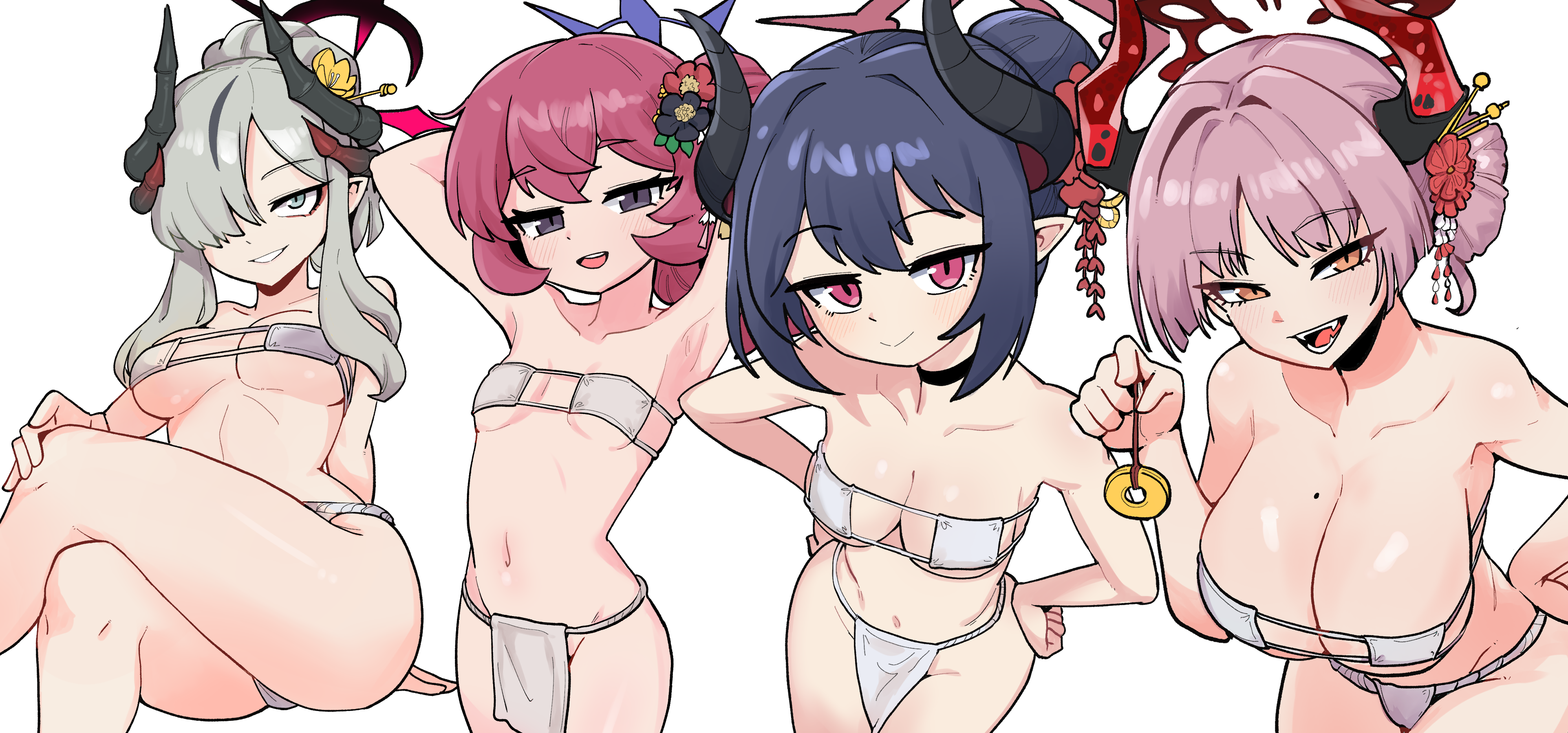mago cats, chiaki (blue archive), iroha (blue archive), makoto (blue archive), satsuki (blue archive), blue archive, absurdres, highres, 4girls, armpits, arms behind head, bikini, black choker, black eyes, black horns, blue hair, breasts, choker, cleavage, closed mouth, coin, crossed legs, demon horns, eyepatch bikini, grey hair, grin, hair over one eye, halo, holding, holding pendulum, holed coin, horns, large breasts, leaning forward, long hair, looking at viewer, medium breasts, mole, mole on breast, multiple girls, navel, pendulum, pink hair, pointy ears, purple halo, red eyes, red halo, simple background, small breasts, smile, stomach, swimsuit, white background, white bikini, yellow eyes