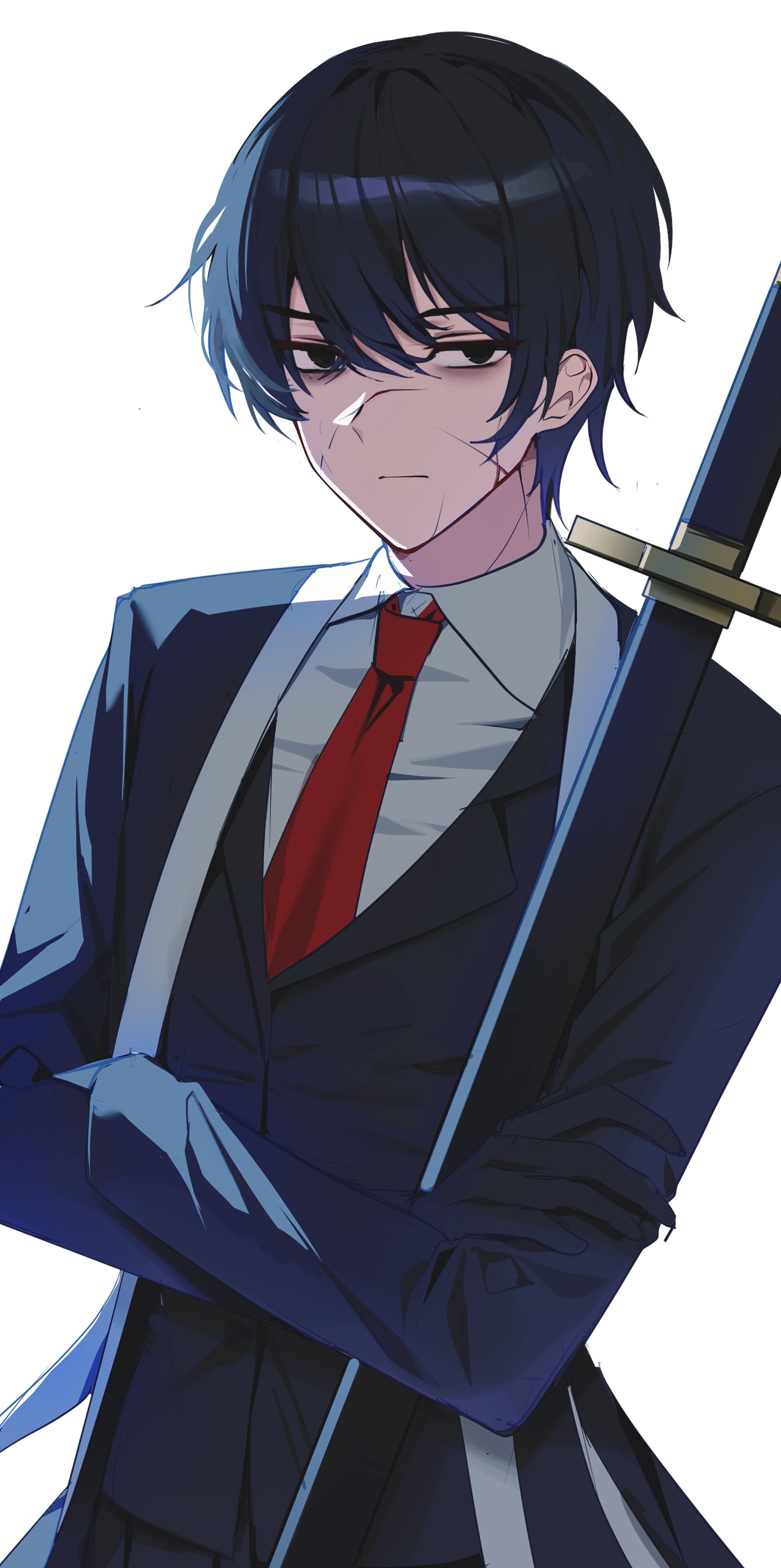 hi i dubu, yi sang (project moon), limbus company, project moon, absurdres, highres, 1boy, black coat, black eyes, black hair, black jacket, blade lineage (identity) (project moon), closed mouth, coat, collared shirt, crossed arms, hair between eyes, holding, holding sword, holding weapon, jacket, long sleeves, looking at viewer, male focus, necktie, red necktie, shirt, simple background, solo, sword, upper body, weapon, white background, white shirt, wing collar