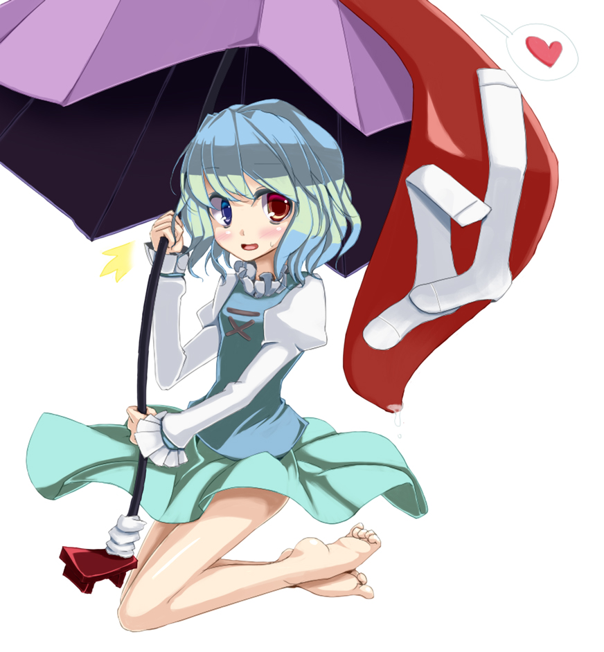 oouso, popi (pixiv), vi (ena0930), tatara kogasa, touhou, bad id, bad pixiv id, colorized, 1girl, barefoot, blue eyes, blue hair, feet, female focus, heart, heterochromia, karakasa obake, matching hair/eyes, red eyes, short hair, socks, solo, tongue, umbrella