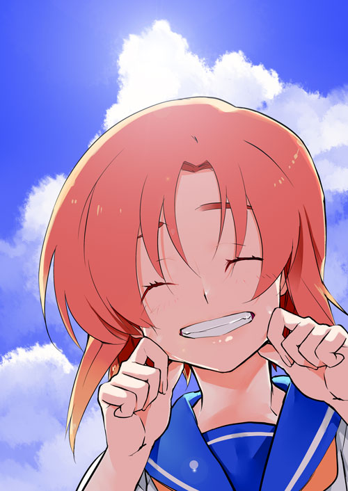 shino satoru, ryuuguu rena, higurashi no naku koro ni, bad tag, 00s, 1girl, ^ ^, blush, closed eyes, cloud, grin, orange hair, outdoors, school uniform, serafuku, short hair, sky, smile, solo