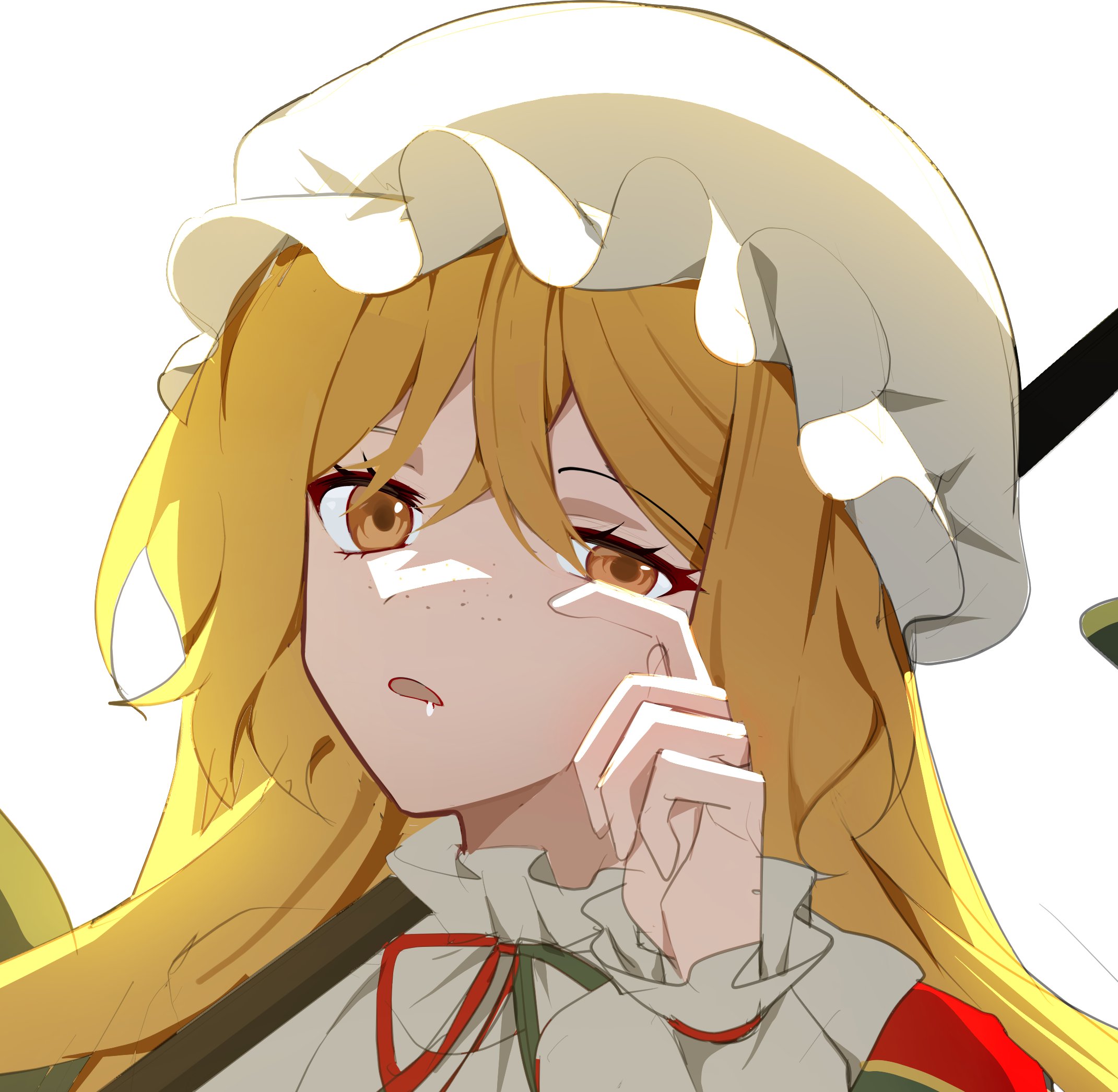 hi i dubu, ishmael (project moon), limbus company, project moon, commentary request, highres, korean commentary, 1girl, christmas nightmare (e.g.o), dress, e.g.o (project moon), freckles, frilled hat, frilled sleeves, frills, hat, looking at viewer, mob cap, neck ribbon, open mouth, orange eyes, orange hair, ribbon, simple background, sleepy, solo, white background, white dress, white hat