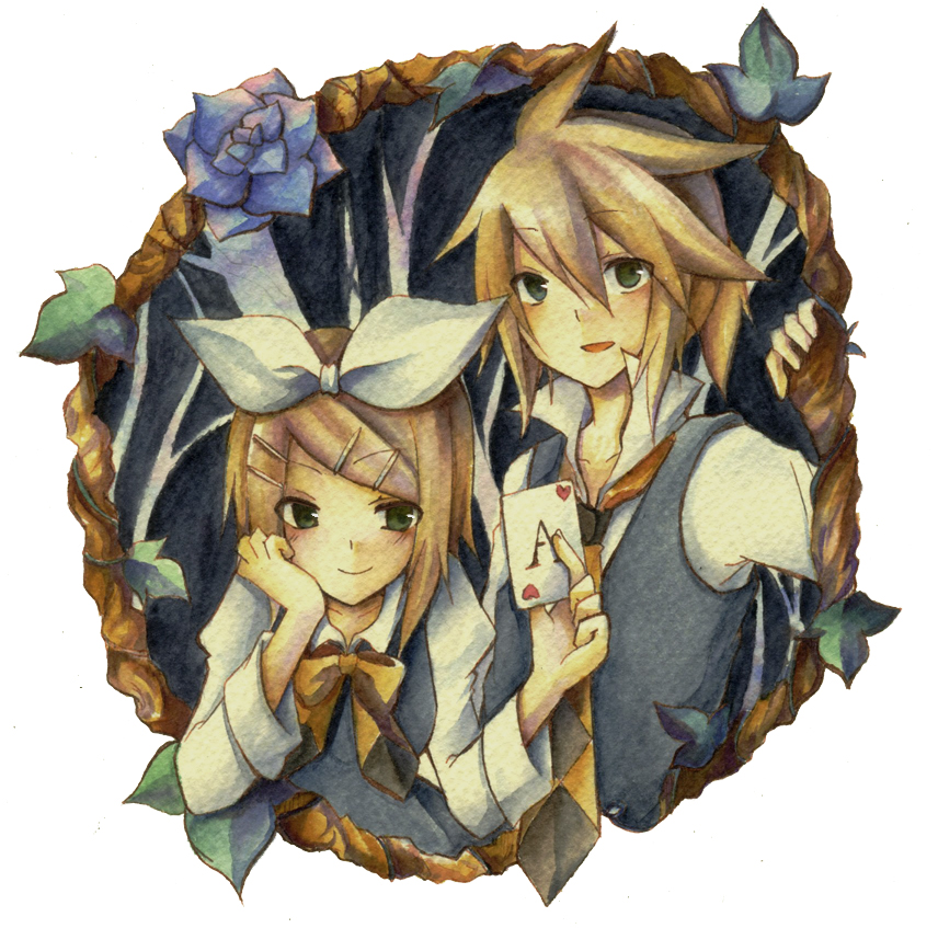 aki-t, kagamine len, kagamine rin, hitobashira alice (vocaloid), vocaloid, bad id, bad pixiv id, 1boy, 1girl, blonde hair, brother and sister, card, flower, green eyes, hair ornament, hair ribbon, hairclip, heart, holding, holding card, necktie, ribbon, rose, short hair, siblings, smile, twins