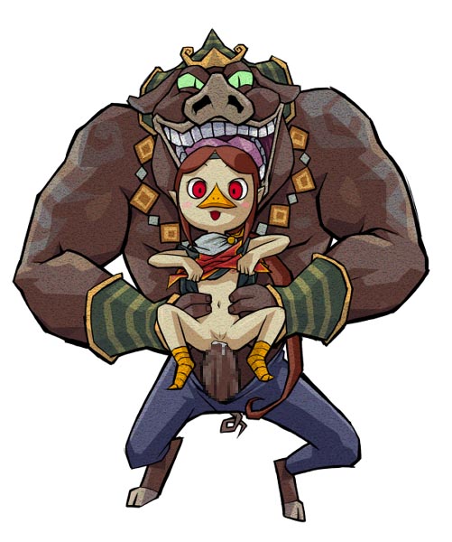 eroe, medli, moblin, nintendo, the legend of zelda, the legend of zelda: the wind waker, 1girl, anal, brown hair, censored, clothes lift, held up, huge penis, large insertion, large penis, loli, monster boy, nipple slip, nipples, object insertion, penis, pussy, red eyes, shirt lift, torso grab