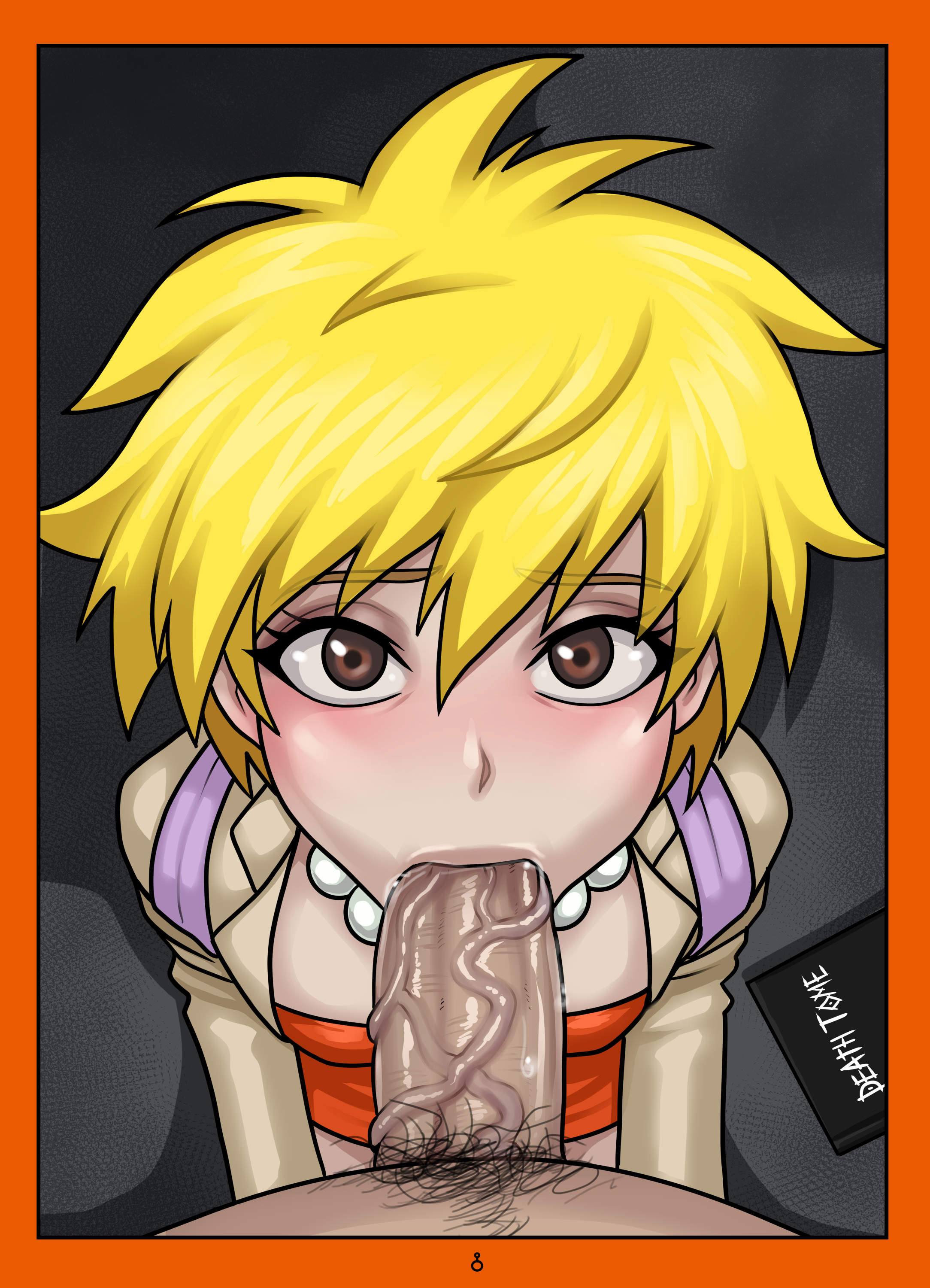 aaaninja, lisa simpson, death tome, the simpsons, variant set, 1boy, 1girl, age difference, blonde hair, blush, breasts, brown eyes, brown jacket, dress, embarrassed, eyebrows hidden by hair, eyelashes, feet out of frame, fellatio, hetero, jacket, jewelry, kneeling, loli, looking at viewer, looking up, male pubic hair, necklace, open clothes, open jacket, oral, orange dress, pearl necklace, penis, pov, pov crotch, pubic hair, pubic hair on face, saliva, scared, short hair, small breasts, solo focus, strapless, strapless dress, tomboy, uncensored, veins, veiny penis