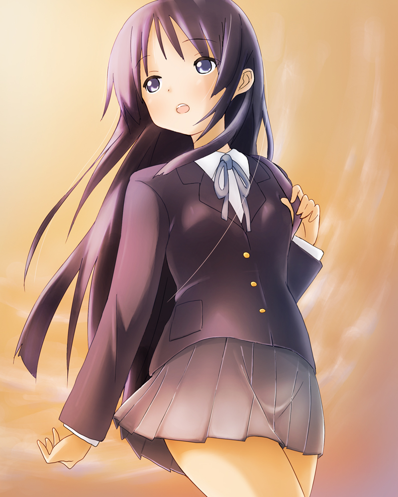 kirigaya yuuji, akiyama mio, k-on!, bad id, bad pixiv id, 00s, 1girl, :o, black hair, blazer, blue eyes, female focus, jacket, long hair, school uniform, skirt, solo