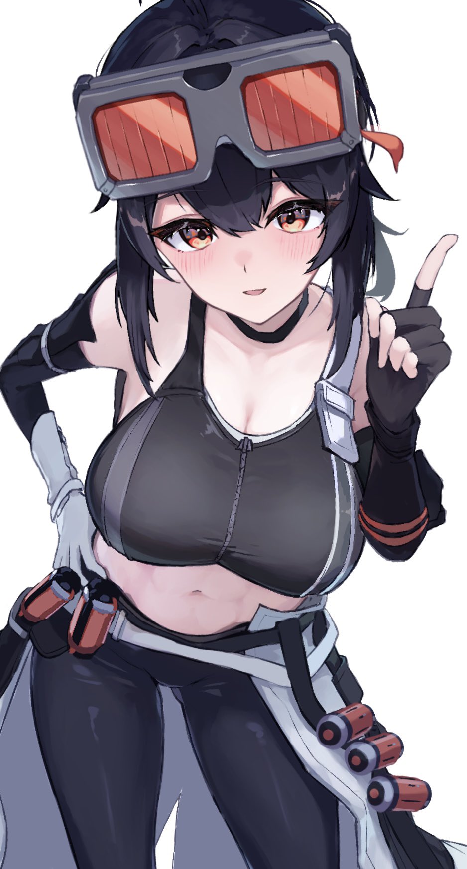 aimo wotku, grace howard, zenless zone zero, commentary request, highres, 1girl, asymmetrical gloves, black choker, black gloves, black hair, black pants, black sports bra, breasts, choker, cowboy shot, fingerless gloves, gloves, goggles, goggles on head, grey-framed eyewear, hand on own hip, index finger raised, large breasts, leaning forward, looking at viewer, midriff, mismatched gloves, navel, pants, parted lips, red-tinted eyewear, red eyes, simple background, single fingerless glove, solo, sports bra, tinted eyewear, white background, white gloves