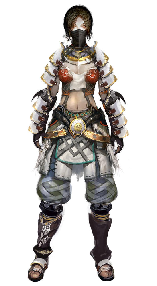 atlantica online, armor, arms at sides, brown hair, fingerless gloves, gloves, mask, midriff, red eyes, sandals, short hair, simple background, solo, white background