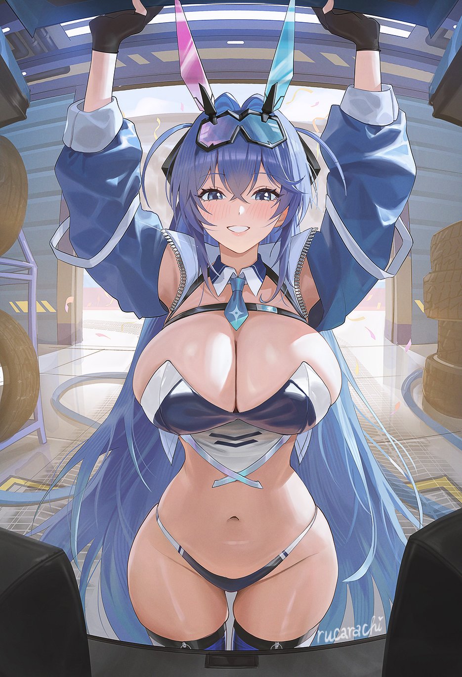 rucarachi, new jersey (azur lane), azur lane, highres, 1girl, animal ears, blue eyes, blue hair, blue panties, breasts, cleavage, fingerless gloves, gloves, huge breasts, long hair, necktie, new jersey (black blur prelude) (azur lane), official alternate costume, panties, race queen, solo, thighhighs, underwear, very long hair