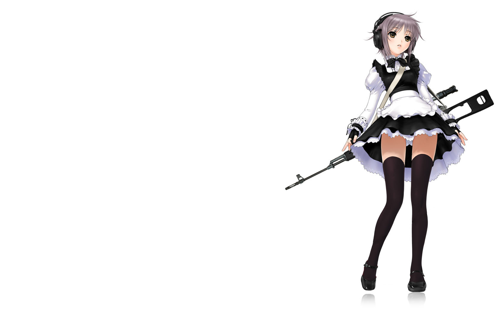 nagato yuki, suzumiya haruhi no yuuutsu, sniper, highres, third-party edit, 00s, 1girl, apron, dragunov svd, female focus, gloves, grey hair, gun, headphones, legs, maid, maid apron, muzzle device, panties, rifle, scope, shoes, short hair, skirt, sniper rifle, solo, thighhighs, thumbhole stock, underwear, weapon, white background