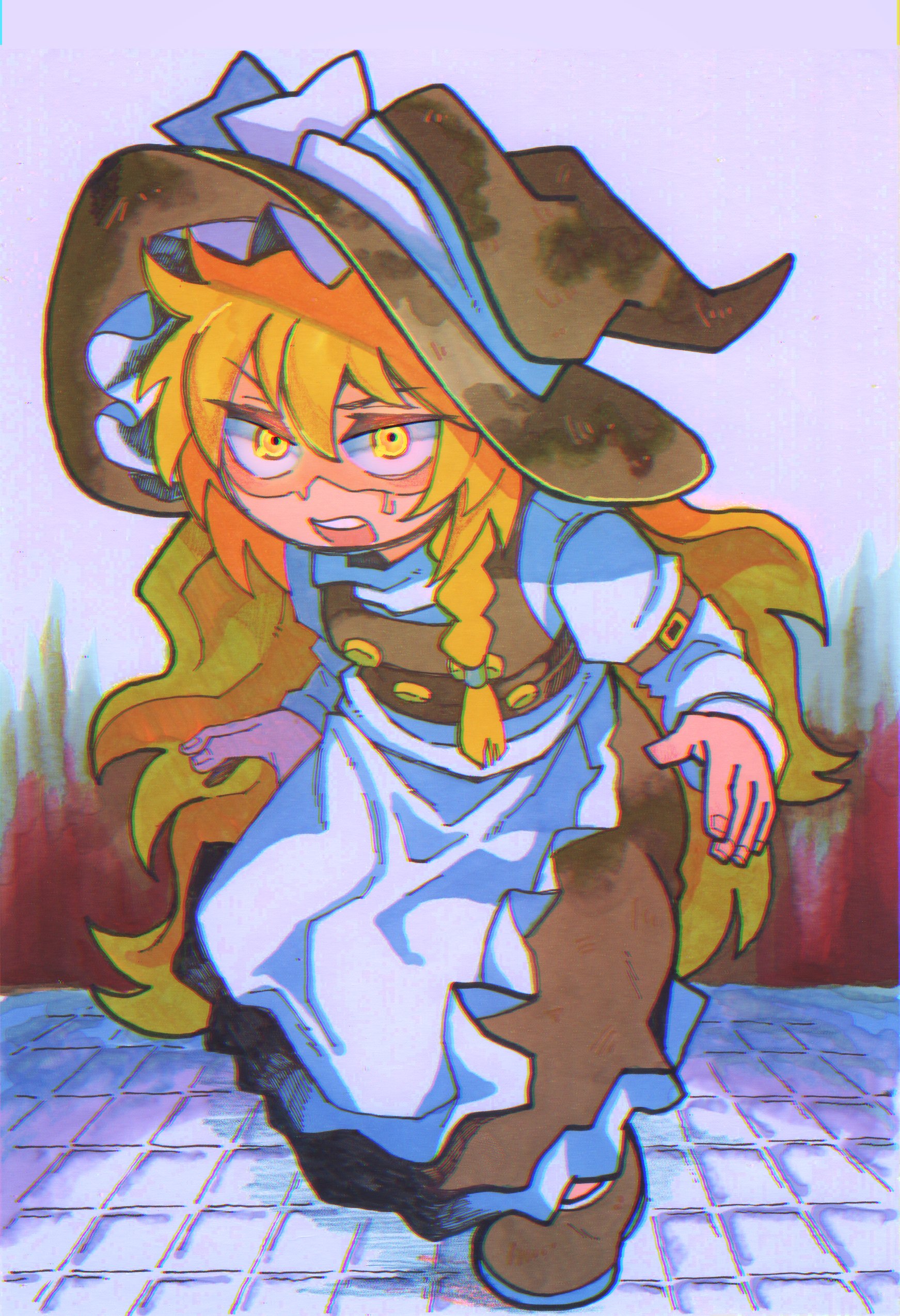 inuyama konan, kirisame marisa, touhou, absurdres, highres, 1girl, apron, arm belt, black hat, black shoes, black skirt, black vest, blonde hair, bow, braid, braided sidelock, frills, gold buttons, hat, hat bow, long hair, shaded face, shirt, shoes, single braid, skirt, solo, tile floor, tiles, very long hair, vest, waist apron, white bow, white shirt, witch hat, yellow eyes