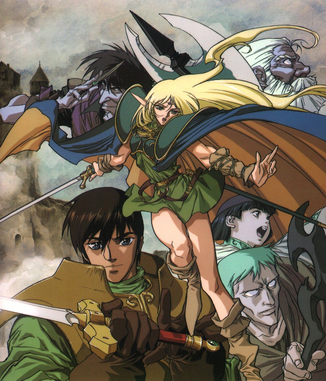 yuuki nobuteru, deedlit, etoh (lodoss), ghim, parn (lodoss), slayn (lodoss), woodchuck (lodoss), record of lodoss war, highres, official art, 1990s (style), 1girl, 5boys, n/, aqua hair, armor, beard, belt, black hair, blonde hair, blue eyes, boots, cape, circlet, dress, elf, everyone, facial hair, fantasy, gloves, green eyes, hat, knife, long hair, multiple boys, open mouth, pointy ears, retro artstyle, short dress, short hair, staff, sword, very long hair, weapon, white hair