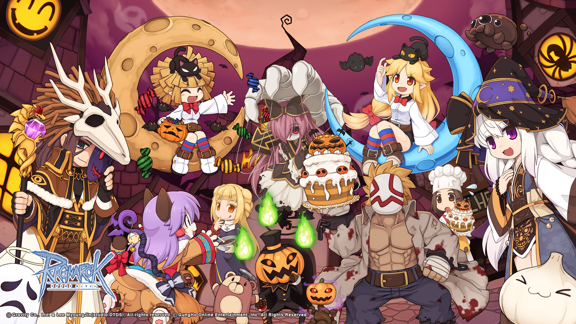 yuichirou, bloody murderer, loli ruri, lude (ragnarok online), priest (ragnarok online), teddy bear (ragnarok online), whisper (ragnarok online), ragnarok online, highres, official art, official wallpaper, 4boys, 6+girls, :3, abs, animal, animal on head, animal skull, arch mage (ragnarok online), bat (animal), black cat, black gloves, black shirt, blonde hair, blood, blood on clothes, blue moon loli ruri, blue socks, boots, bow, bowtie, braid, brown capelet, brown eyes, brown hair, brown pants, brown sash, bug, cake, candy, capelet, cat, cat on head, celine kimi, chain, chef hat, chibi, chibi only, closed eyes, closed mouth, copyright notice, dress, eye print, fake halo, fingerless gloves, fire, food, full moon, fur-trimmed capelet, fur trim, garlic, garling (ragnarok online), ghost, gloves, gold trim, green eyes, green fire, grey dress, hair bow, hair over one eye, halloween, halloween bucket, halo, hat, holding, holding mask, holding staff, house, jack-o'-lantern, jack-o'-lantern head, jakk (ragnarok online), logo, long hair, long sleeves, looking at viewer, marionette, mask, masked, moon, multiple boys, multiple girls, muscular, muscular male, on crescent, on head, open mouth, orange eyes, pants, pointy ears, pumpkin, puppet, purple dress, purple eyes, purple hair, purple sky, red bow, red bowtie, red eyes, red socks, rurushe (ragnarok online), sheet ghost, shirt, sitting, skull on head, sky, smile, socks, soul ascetic (ragnarok online), spider, spiding, spirit handler (ragnarok online), squash (ragnarok online), staff, standing, star (symbol), star print, striped clothes, striped socks, stuffed animal, stuffed toy, teddy bear, twin braids, white boots, white hair, white shirt, witch hat, wrapped candy