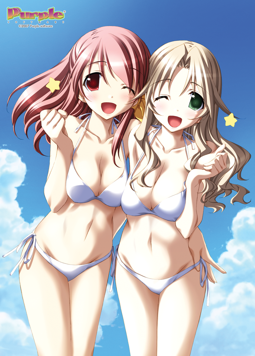 kurashima tomoyasu, wakamiya asuka, yuugiri ruriko, ashita no kimi to au tame ni, highres, 2girls, bikini, blonde hair, breasts, cleavage, day, green eyes, large breasts, multiple girls, navel, one eye closed, pink eyes, pink hair, side-tie bikini bottom, swimsuit, wink