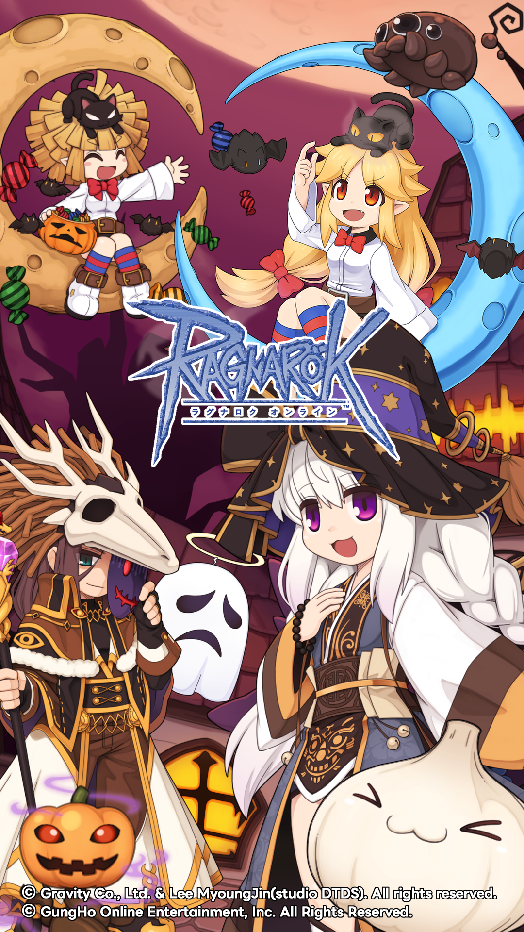 yuichirou, loli ruri, whisper (ragnarok online), ragnarok online, highres, official art, official wallpaper, 1boy, 3girls, :3, animal, animal on head, animal skull, arch mage (ragnarok online), bat (animal), black cat, black gloves, black shirt, blonde hair, blue moon loli ruri, blue socks, boots, bow, bowtie, braid, brown capelet, brown hair, brown pants, brown sash, bug, candy, capelet, cat, cat on head, chibi, chibi only, closed eyes, closed mouth, copyright notice, dress, eye print, fake halo, fingerless gloves, food, full moon, fur-trimmed capelet, fur trim, garlic, garling (ragnarok online), ghost, gloves, gold trim, green eyes, grey dress, hair bow, halloween, halloween bucket, halo, hat, holding, holding mask, holding staff, house, jack-o'-lantern, logo, long hair, long sleeves, looking at viewer, mask, moon, multiple girls, on crescent, on head, open mouth, orange eyes, pants, pointy ears, pumpkin, purple eyes, purple sky, red bow, red bowtie, red socks, sheet ghost, shirt, sitting, skull on head, sky, smile, socks, soul ascetic (ragnarok online), spider, spiding, staff, standing, star (symbol), star print, striped clothes, striped socks, twin braids, white boots, white hair, white shirt, witch hat, wrapped candy