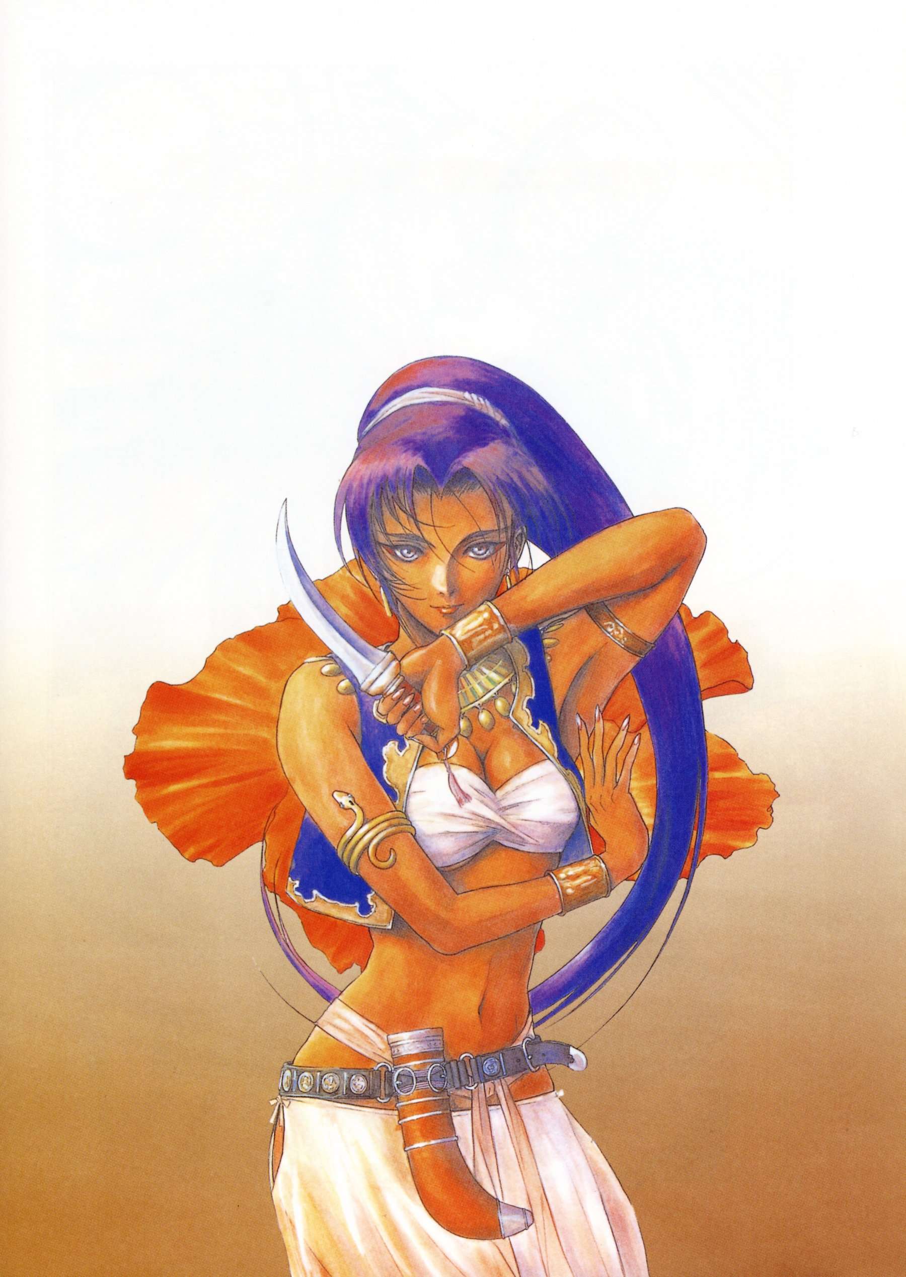 record of lodoss war, absurdres, highres, scan, 1girl, bracelet, breasts, cleavage, dagger, dark-skinned female, dark skin, female focus, jewelry, knife, large breasts, long hair, midriff, purple eyes, purple hair, solo, weapon