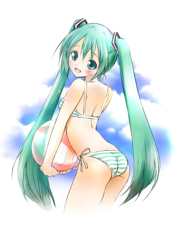saeki touma, hatsune miku, project diva, project diva (series), vocaloid, bad id, bad pixiv id, 1girl, ass, ball, beachball, bikini, female focus, green eyes, green hair, long hair, looking back, matching hair/eyes, solo, striped bikini, striped clothes, swimsuit, twintails