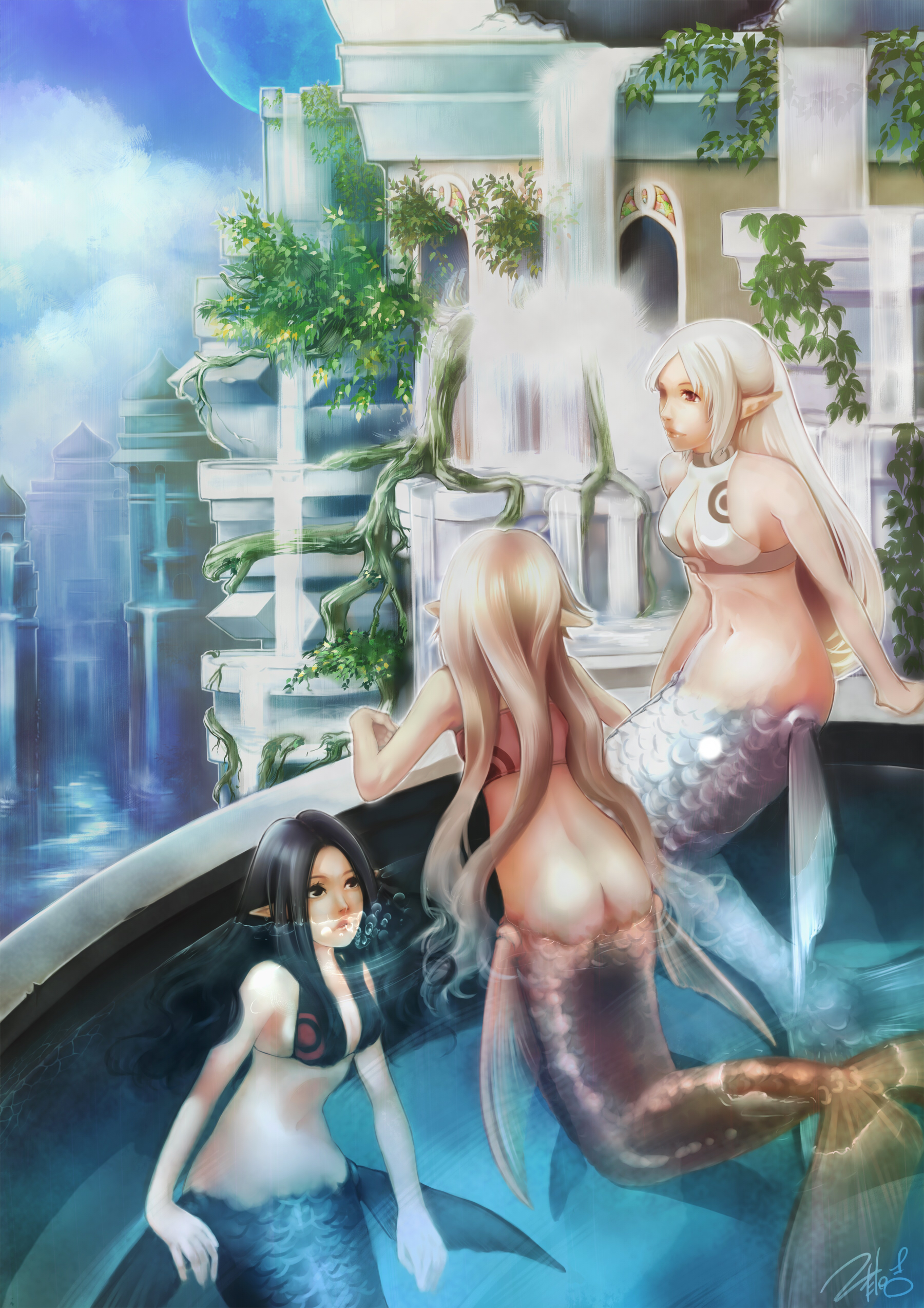 plastick, zerokichi, silver hair, absurdres, bad id, bad pixiv id, highres, 3girls, ass, bikini, bikini top only, black eyes, black hair, blonde hair, brown eyes, bubble, bush, city, cloud, day, fins, halterneck, in water, ivy, kneeling, long hair, mermaid, monster girl, moon, multiple girls, outdoors, plant, pointy ears, red eyes, reflection, scales, scenery, sitting, sky, swimsuit, vegetation, very long hair, vines, water, waterfall