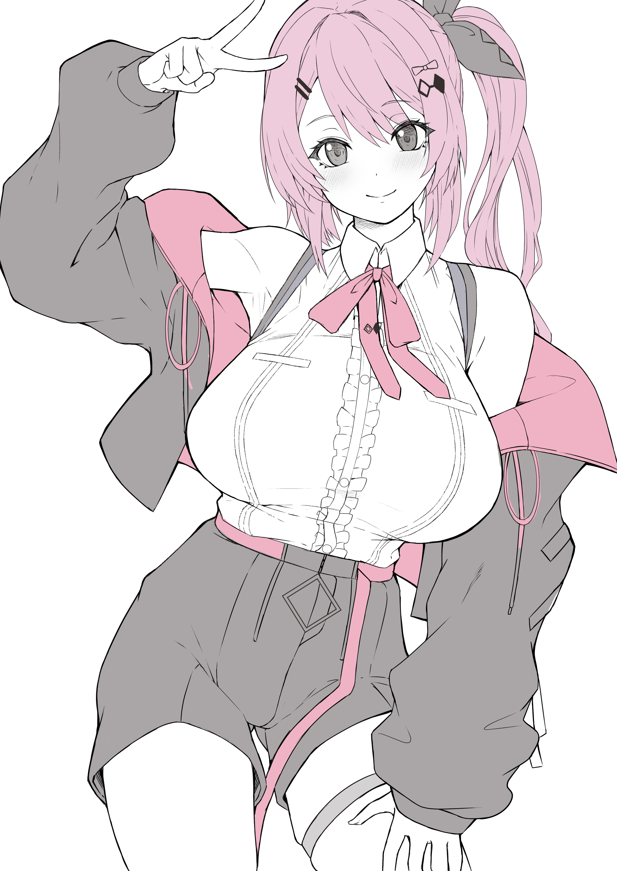 ebi 193, kuramochi meruto, kuramochi meruto (1st costume), nijisanji, absurdres, highres, 1girl, bare shoulders, black jacket, black ribbon, black shorts, blush, bow, breasts, center frills, closed mouth, collared shirt, frilled shirt, frills, hair bow, hair ornament, hair ribbon, hairclip, huge breasts, jacket, long hair, long sleeves, looking at viewer, multicolored jacket, neck ribbon, open clothes, open jacket, partially colored, pink bow, pink hair, pink jacket, pink ribbon, ribbon, shirt, shorts, side ponytail, simple background, sleeveless, sleeveless shirt, smile, solo, thigh strap, two-sided fabric, two-sided jacket, two-tone jacket, v, virtual youtuber, white background, white shirt